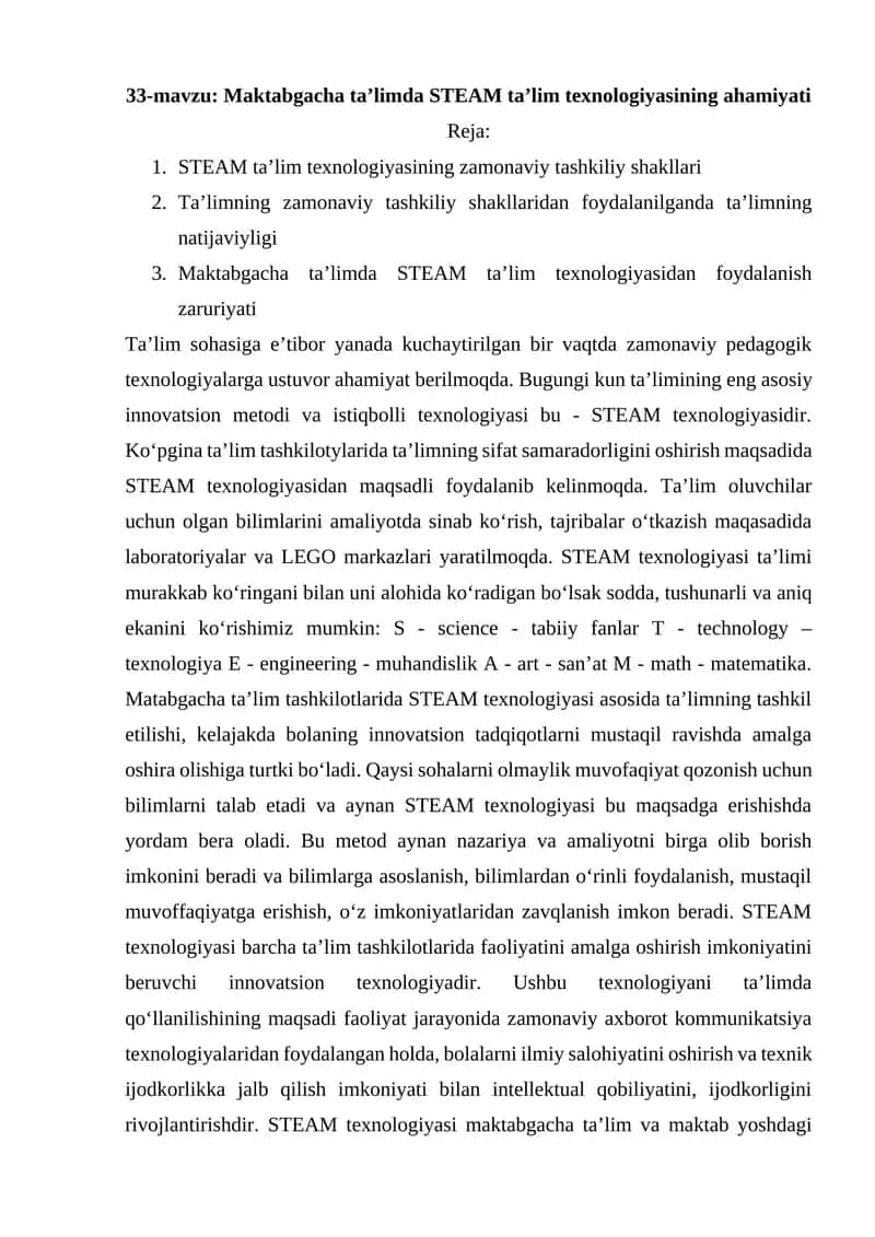 Maktabgacha ta’limda STEAM ta’lim texnologiyasining ahamiyati 1