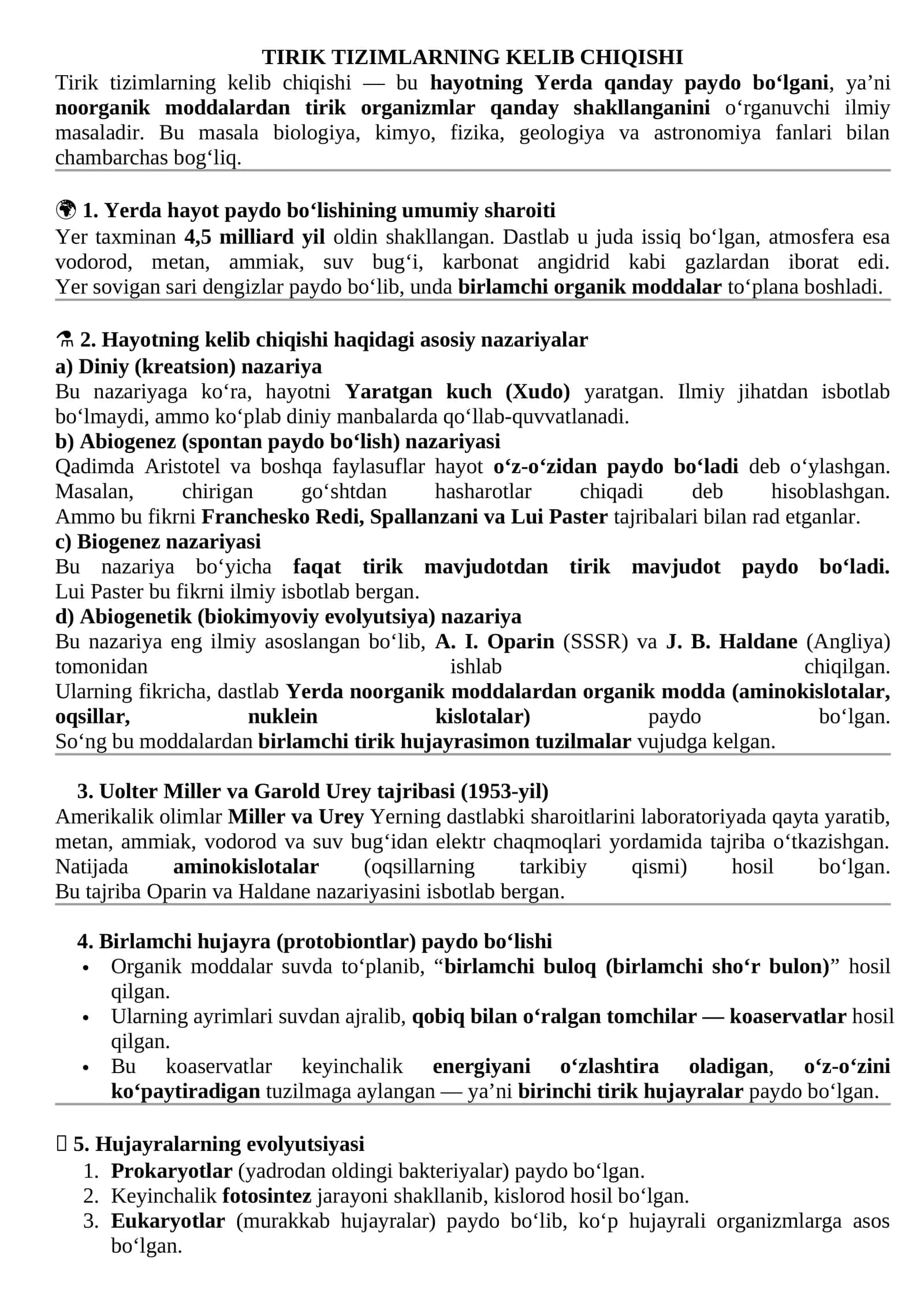 Tirik tizimlarning kelib chiqishi 1