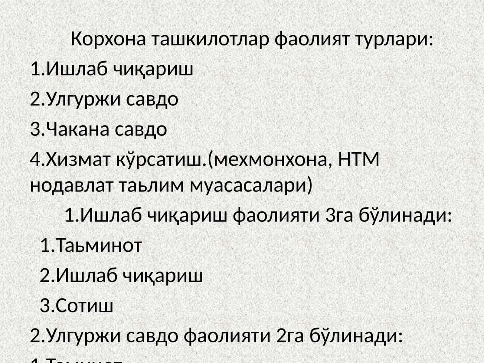 Корхона ташкилотлар фаолият турлари 1
