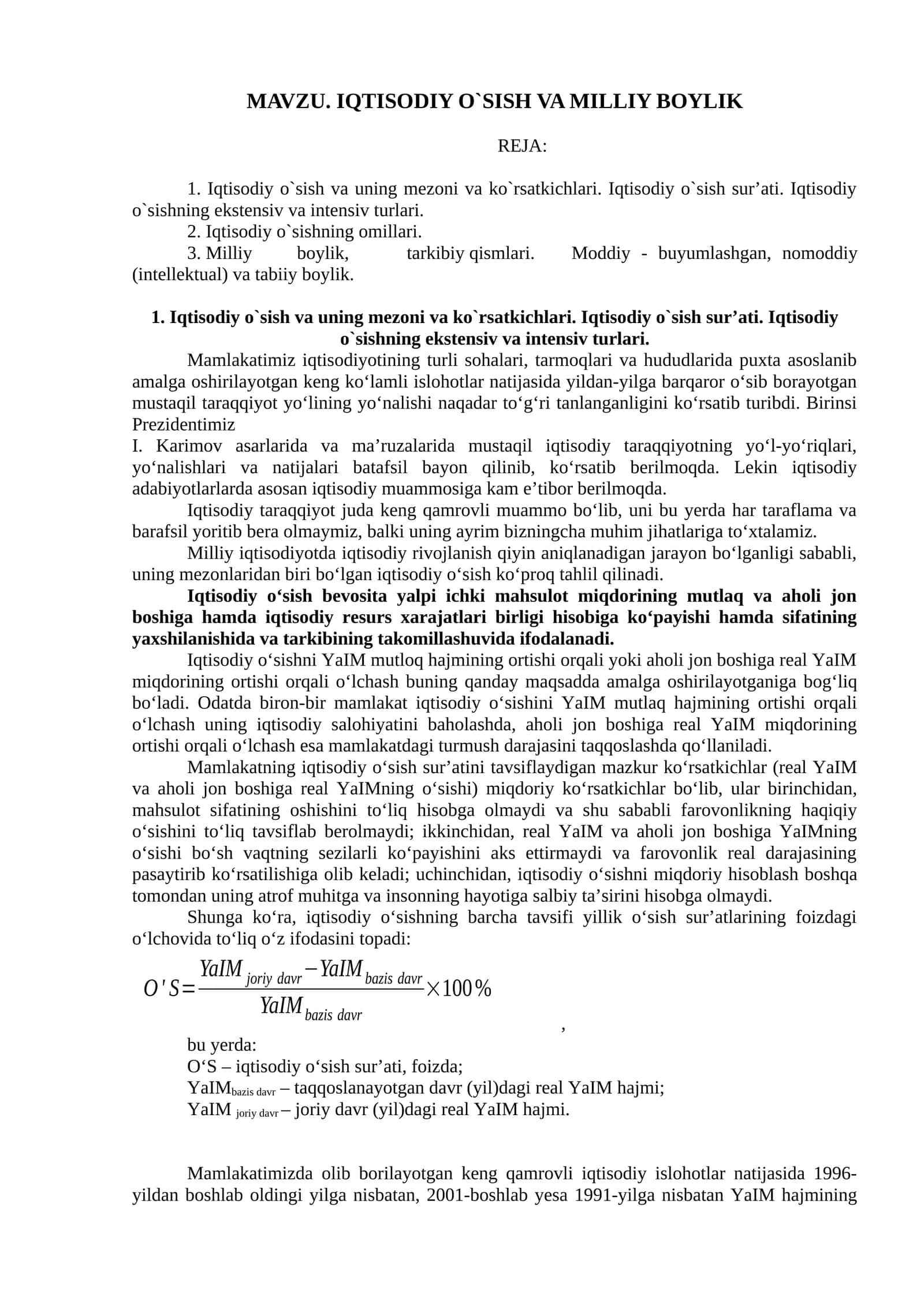 Iqtisodiy o`sish va milliy boylik 1