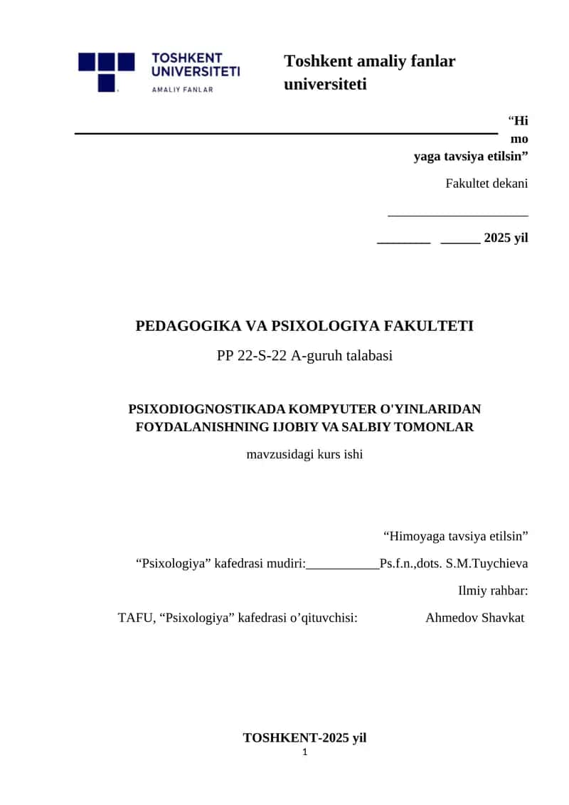 PSIXODIOGNOSTIKADA KOMPYUTER O'YINLARIDAN FOYDALANISHNING IJOBIY VA SALBIY TOMONLAR 1