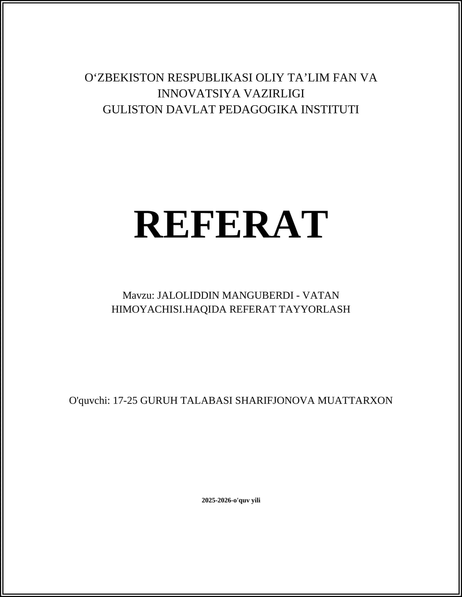 JALOLIDDIN MANGUBERDI - VATAN HIMOYACHISI.HAQIDA REFERAT TAYYORLASH 1