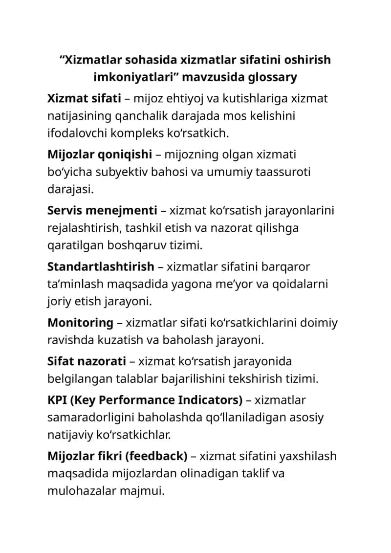 Xizmatlar sohasida xizmatlar sifatini oshirish imkoniyatlari 1