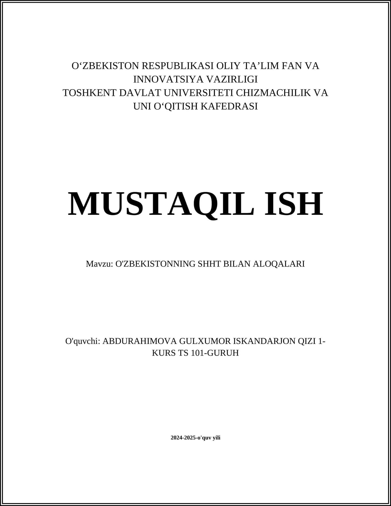 O'ZBEKISTONNING SHHT BILAN ALOQALARI 1