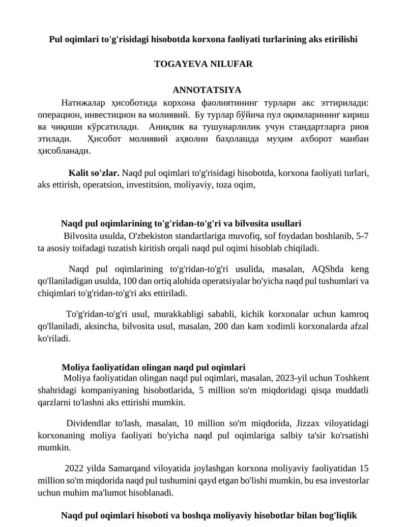 Pul oqimlari to'g'risidagi hisobotda korxona faoliyati turlarining aks etirilishi 1