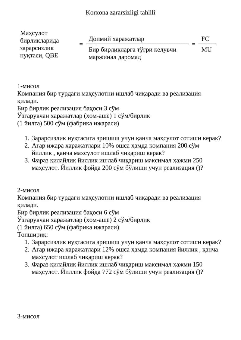 Korxona zararsizligi tahlili 1