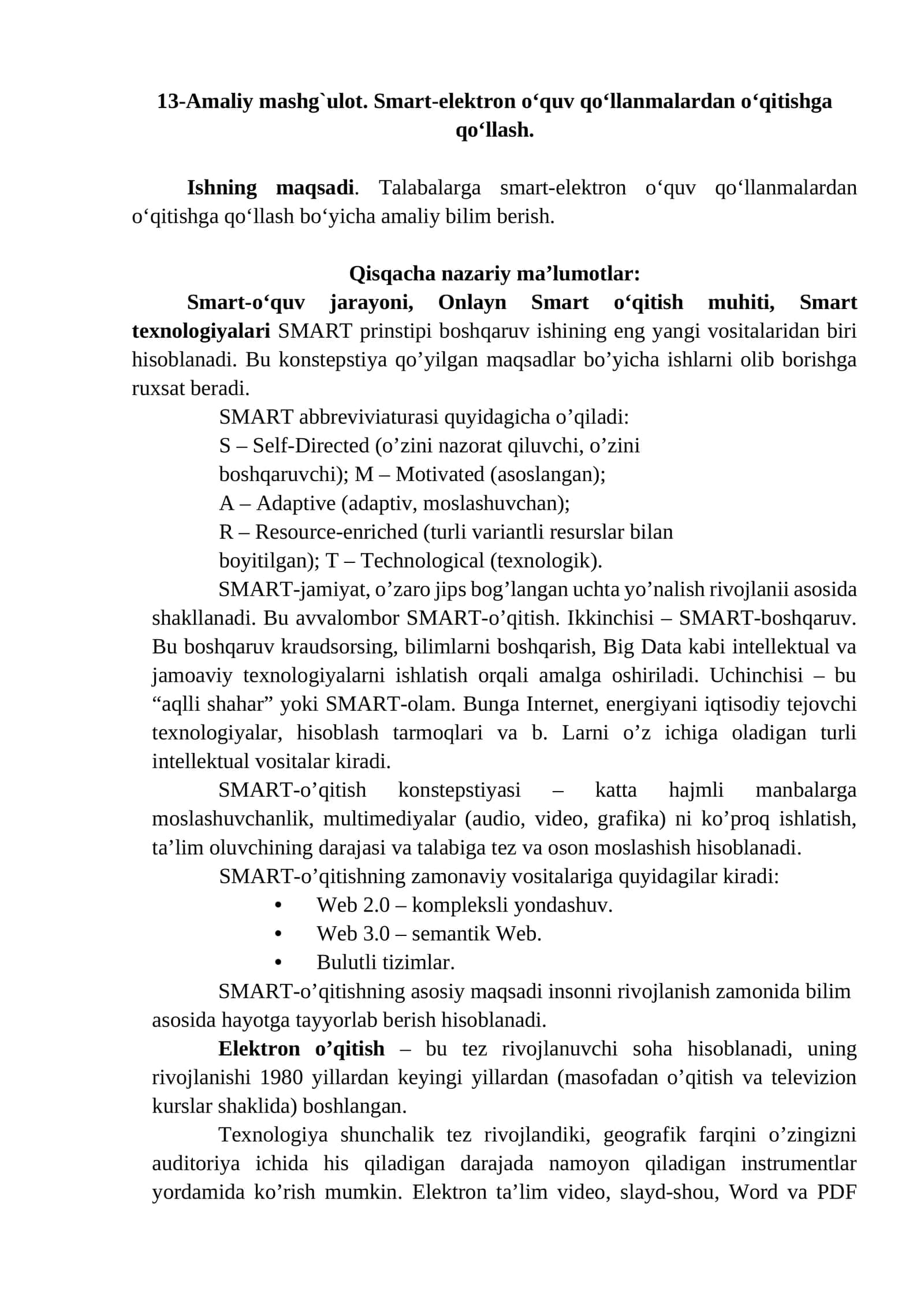13-Amaliy mashg`ulot. Smart-elektron o‘quv qo‘llanmalardan o‘qitishga qo‘llash 1