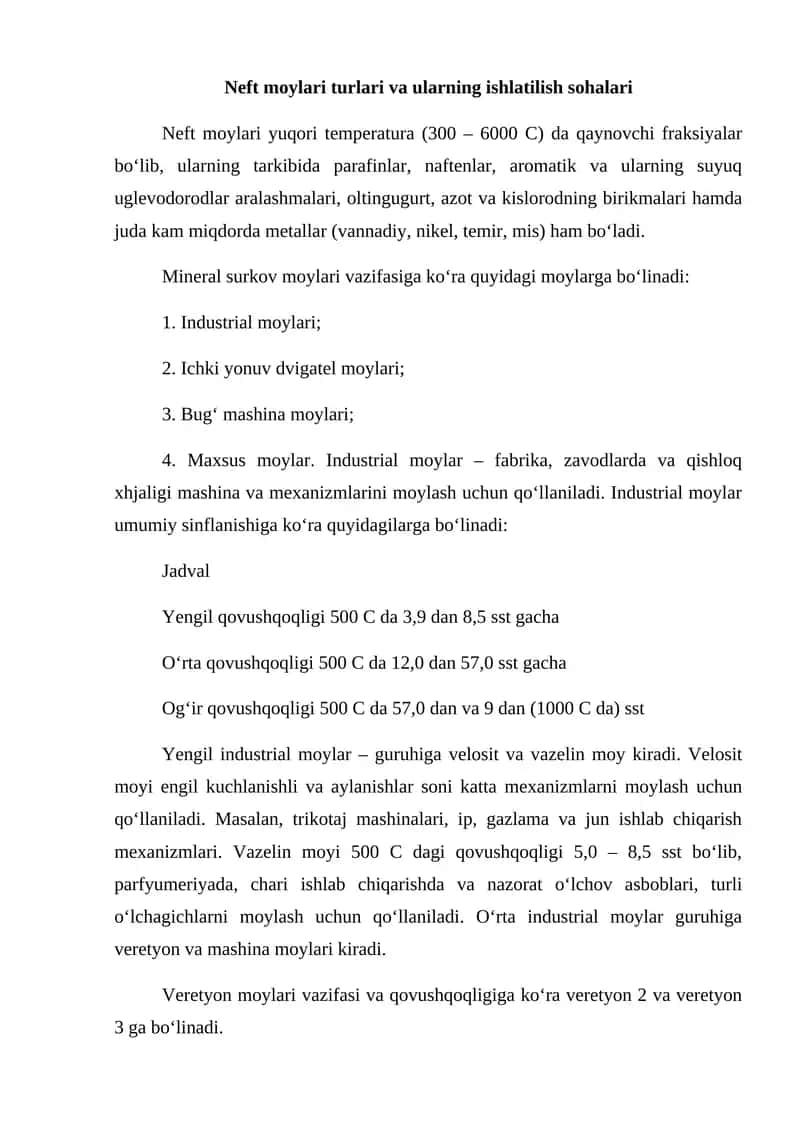 Neft moylari turlari va ularning ishlatilish sohalari 1