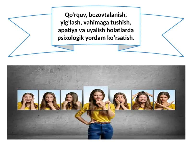 Qo'rquv, bezovtalanish, yigʻlash, vahimaga tushish, apatiya va uyalish holatlarda psixologik yordam koʻrsatish. 1