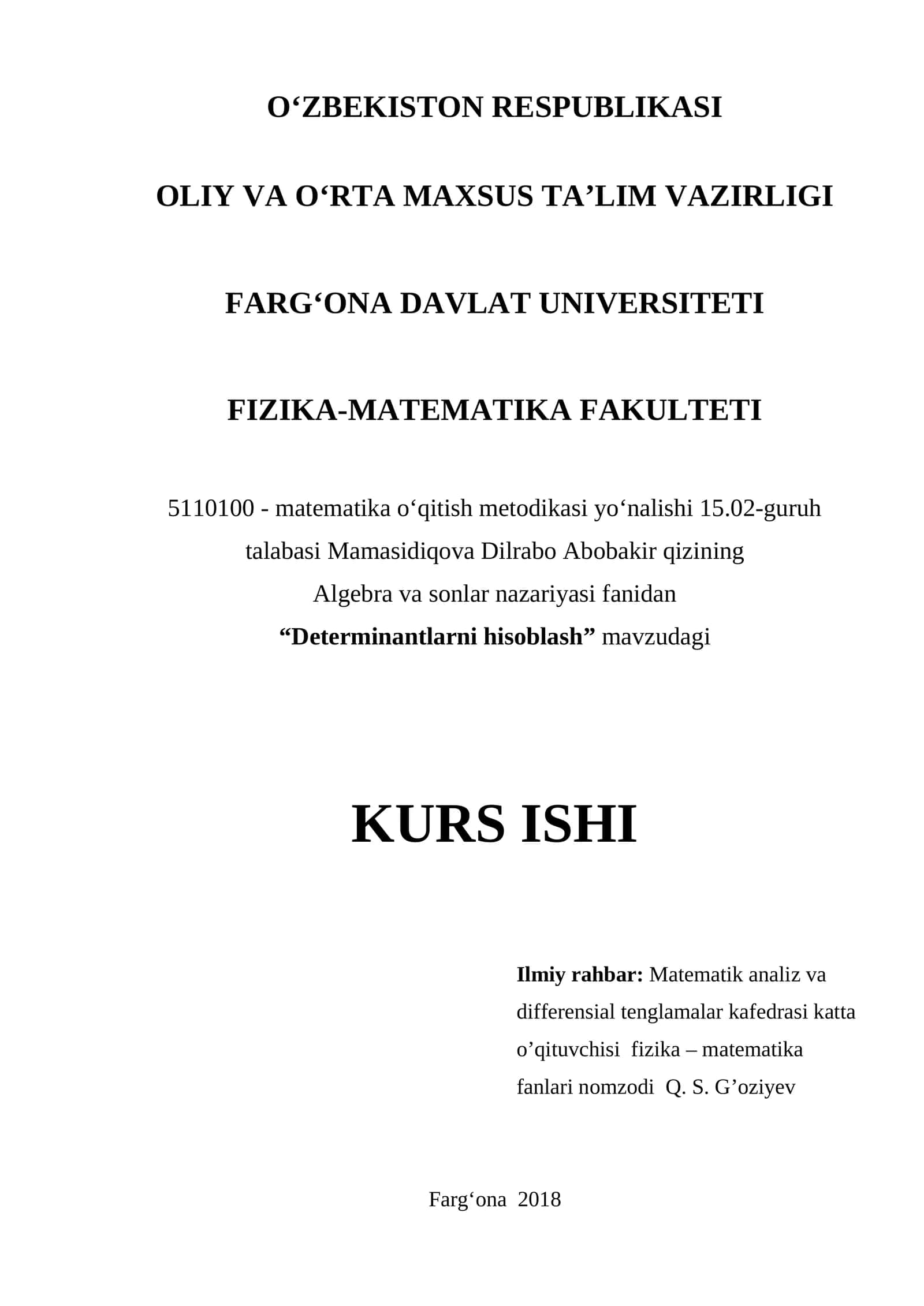 Determinantlarni hisoblash kurs ishi 1