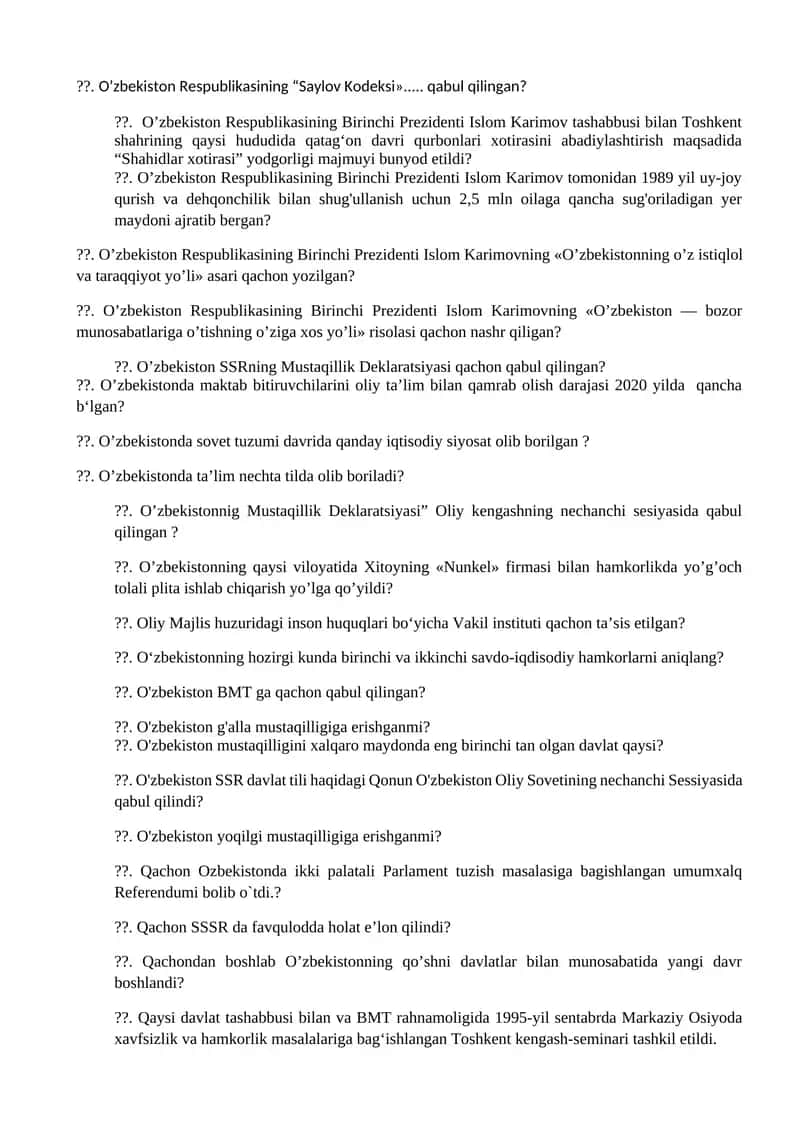 O'zbekiston Respublikasi tarixi bo'yicha savollar 1