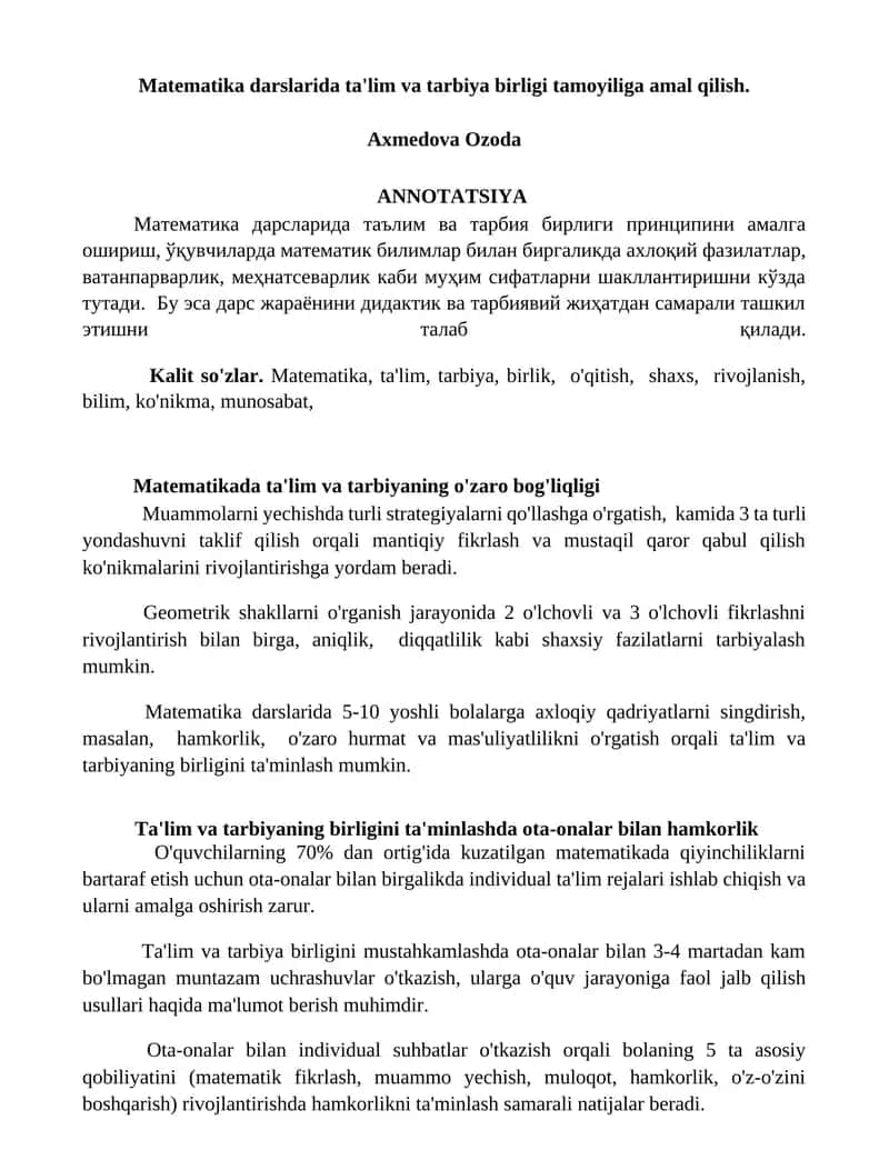 Matematika darslarida ta'lim va tarbiya birligi tamoyiliga amal qilish 1