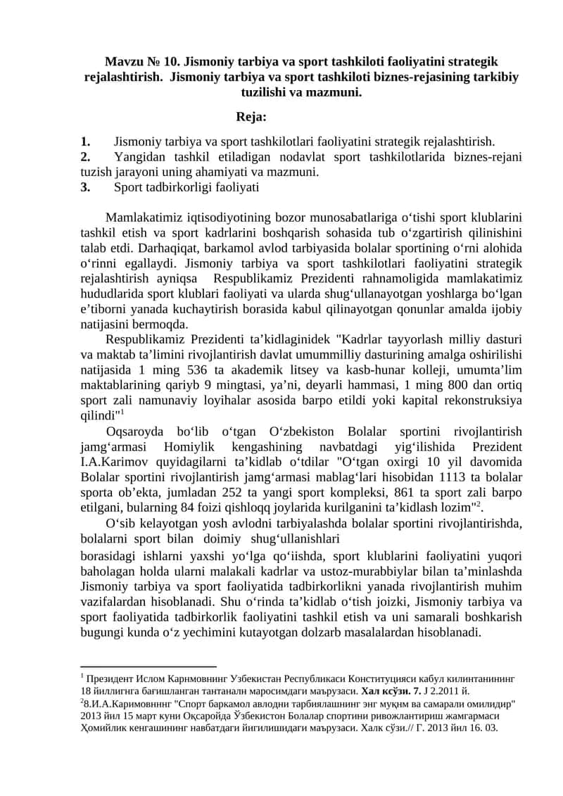 Jismoniy tarbiya va sport tashkiloti faoliyatini strategik rejalashtirish 1