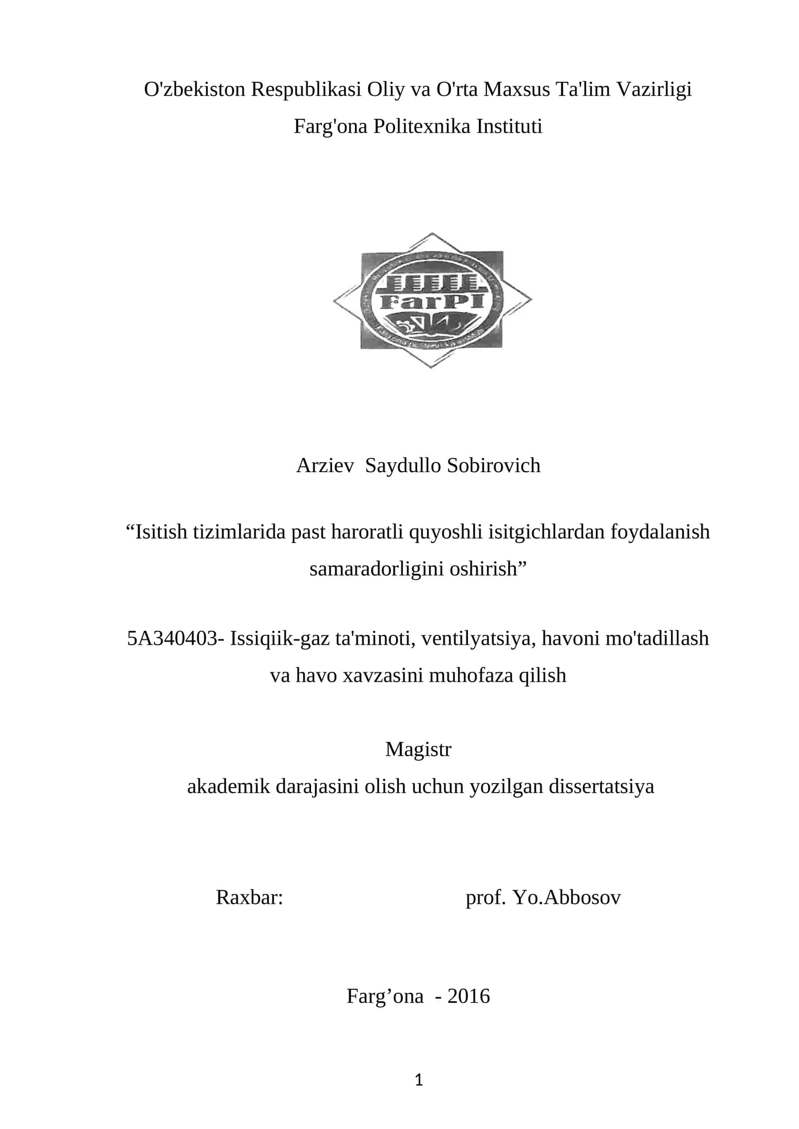 Isitish tizimlarida past haroratli quyoshli isitgichlardan foydalanish samaradorligini oshirish 1