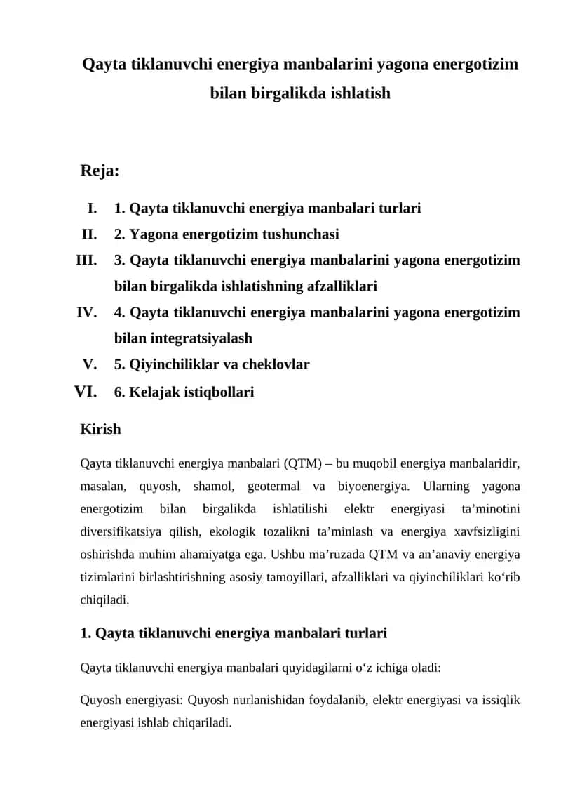 Qayta tiklanuvchi energiya manbalarini yagona energotizim bilan birgalikda ishlatish 1