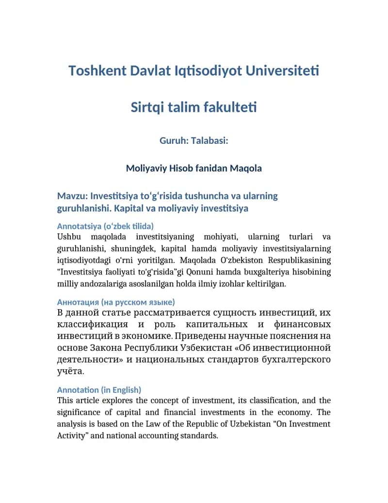 Investitsiya to‘g‘risida tushuncha va ularning guruhlanishi. Kapital va moliyaviy investitsiya 1
