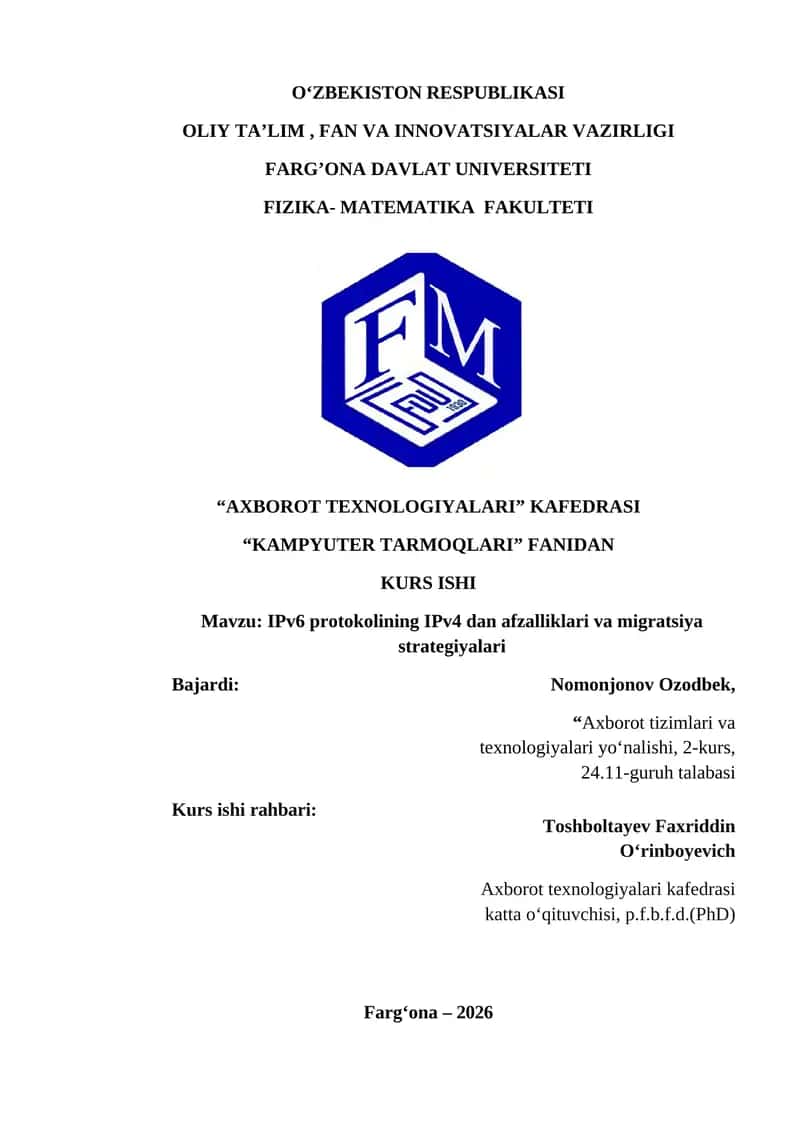 IPv6 protokolining IPv4 dan afzalliklari va migratsiya strategiyalari 1