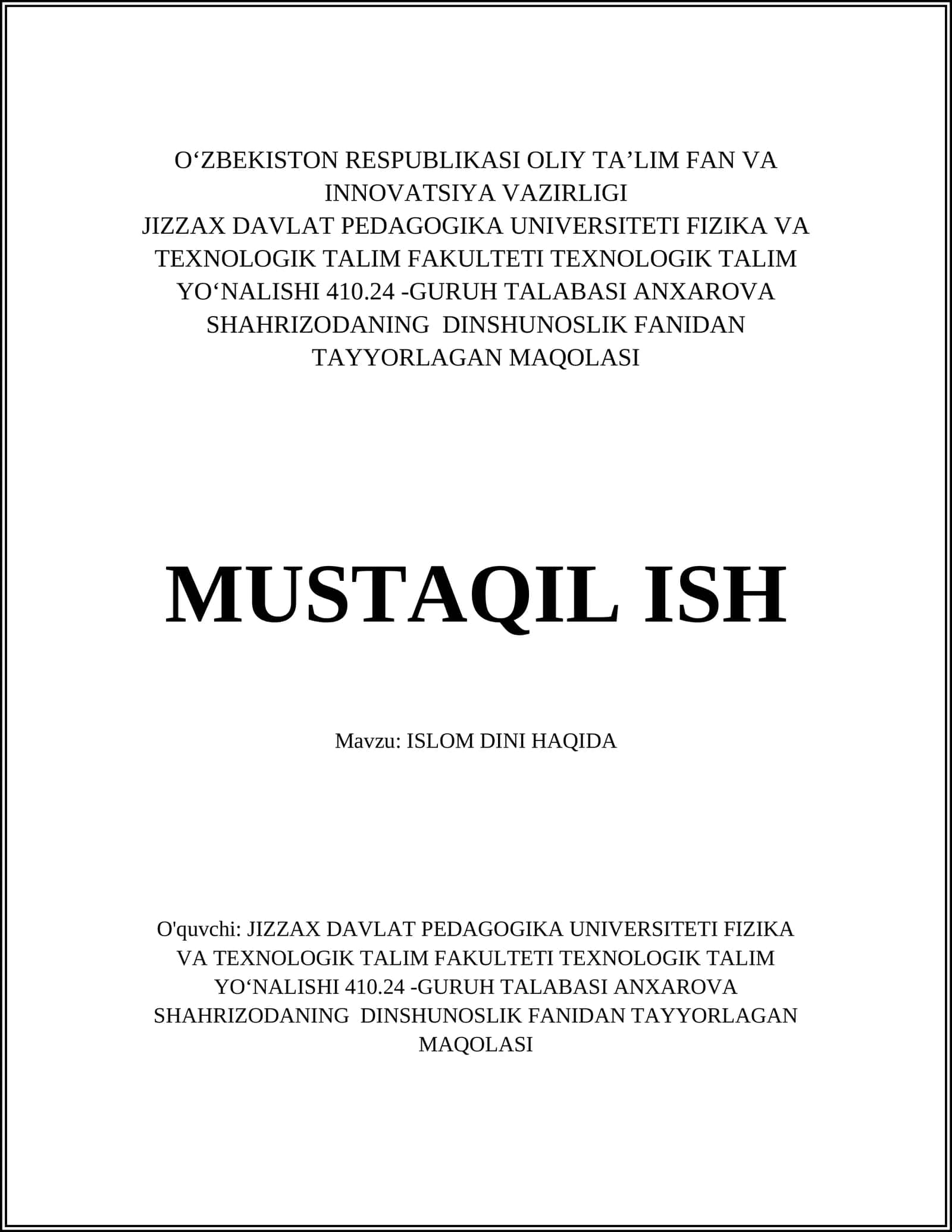 DINSHUNOSLIK FANIDAN TAYYORLAGAN MAQOLASI 1