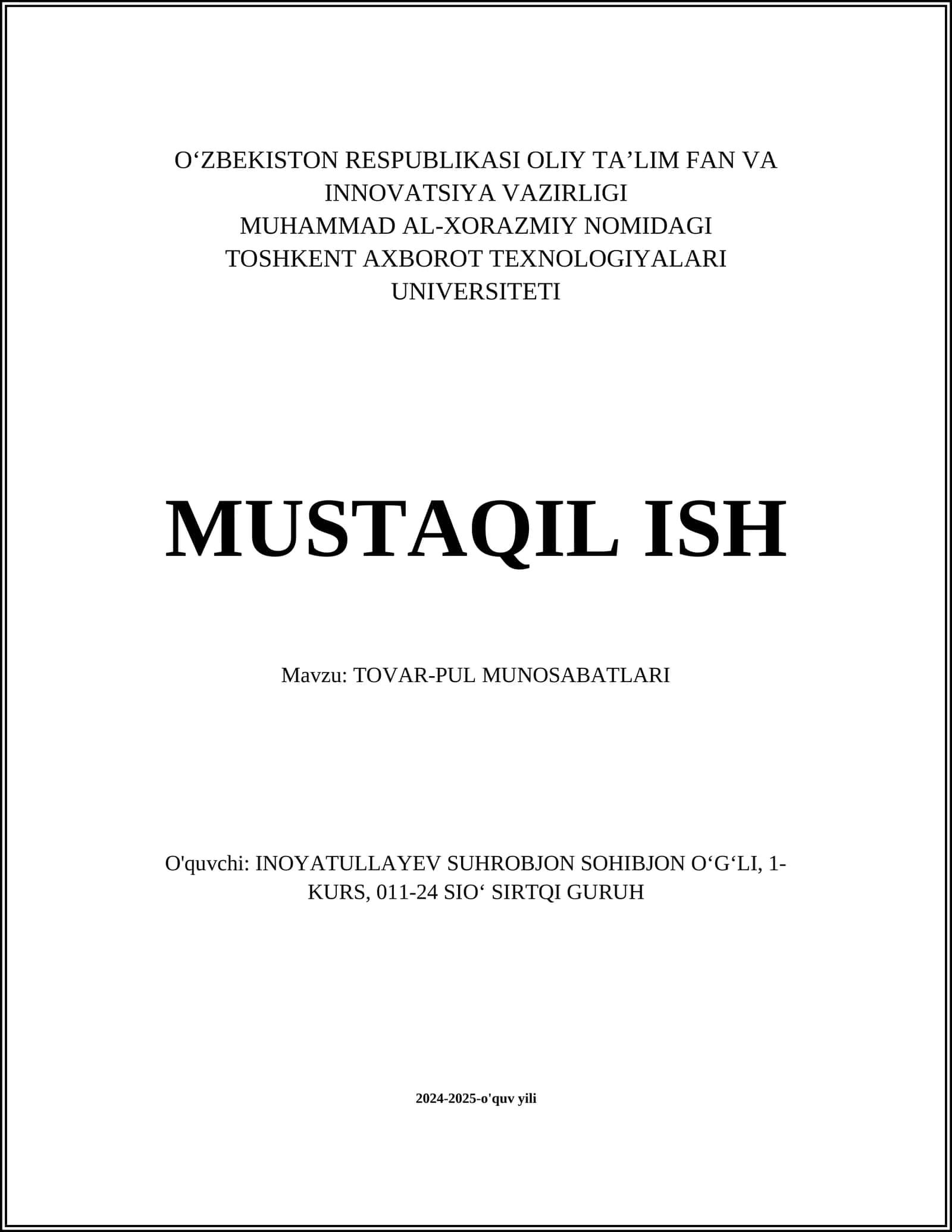 TOVAR-PUL MUNOSABATLARI 1