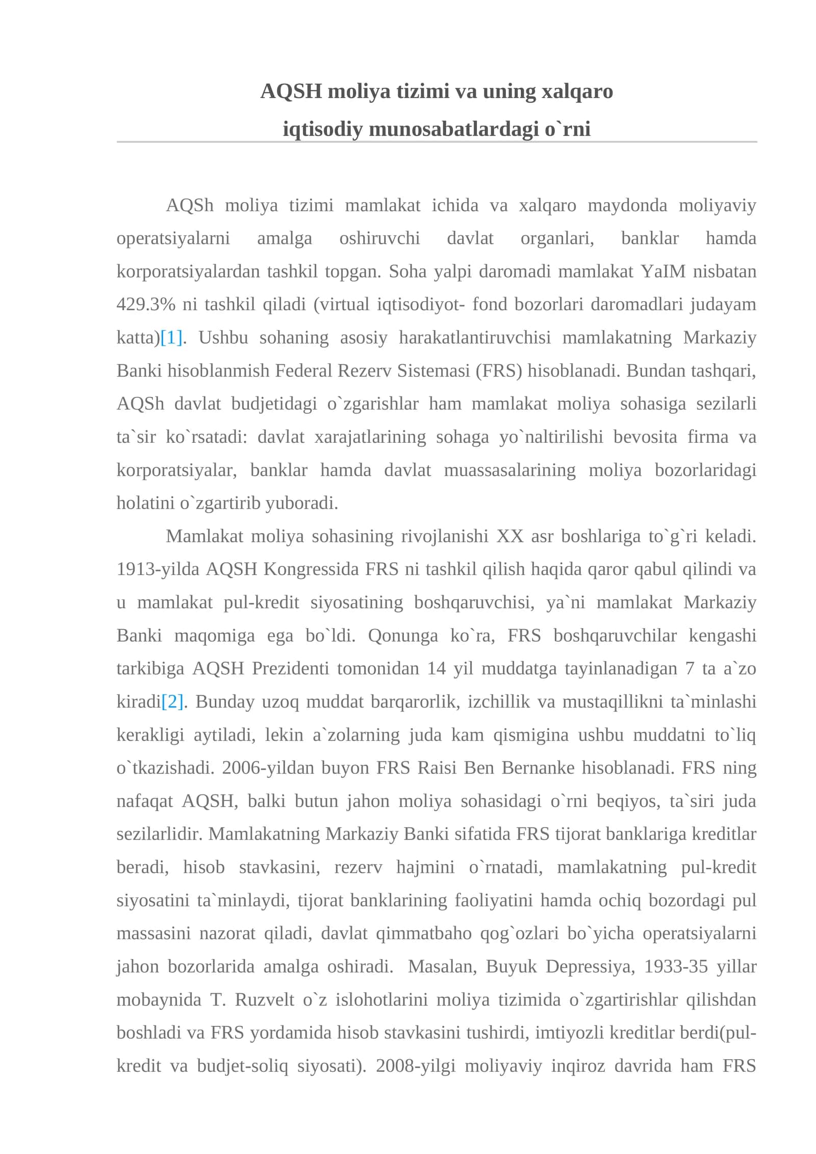 AQSH moliya tizimi va uning xalqaro iqtisodiy munosabatlardagi o`rni 1
