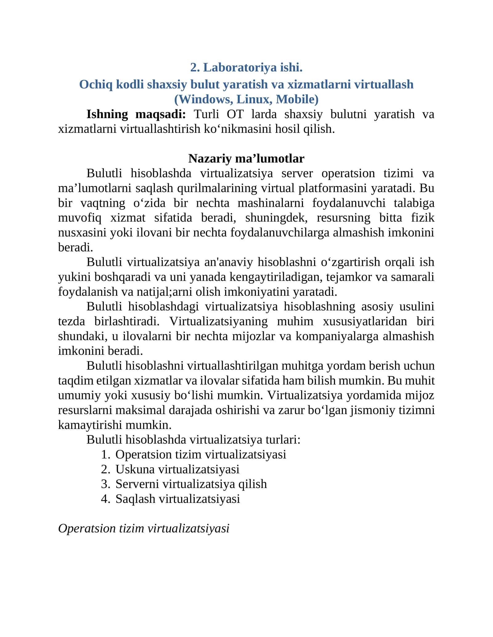 Ochiq kodli shaxsiy bulut yaratish va xizmatlarni virtuallash (Windows, Linux, Mobile) 1