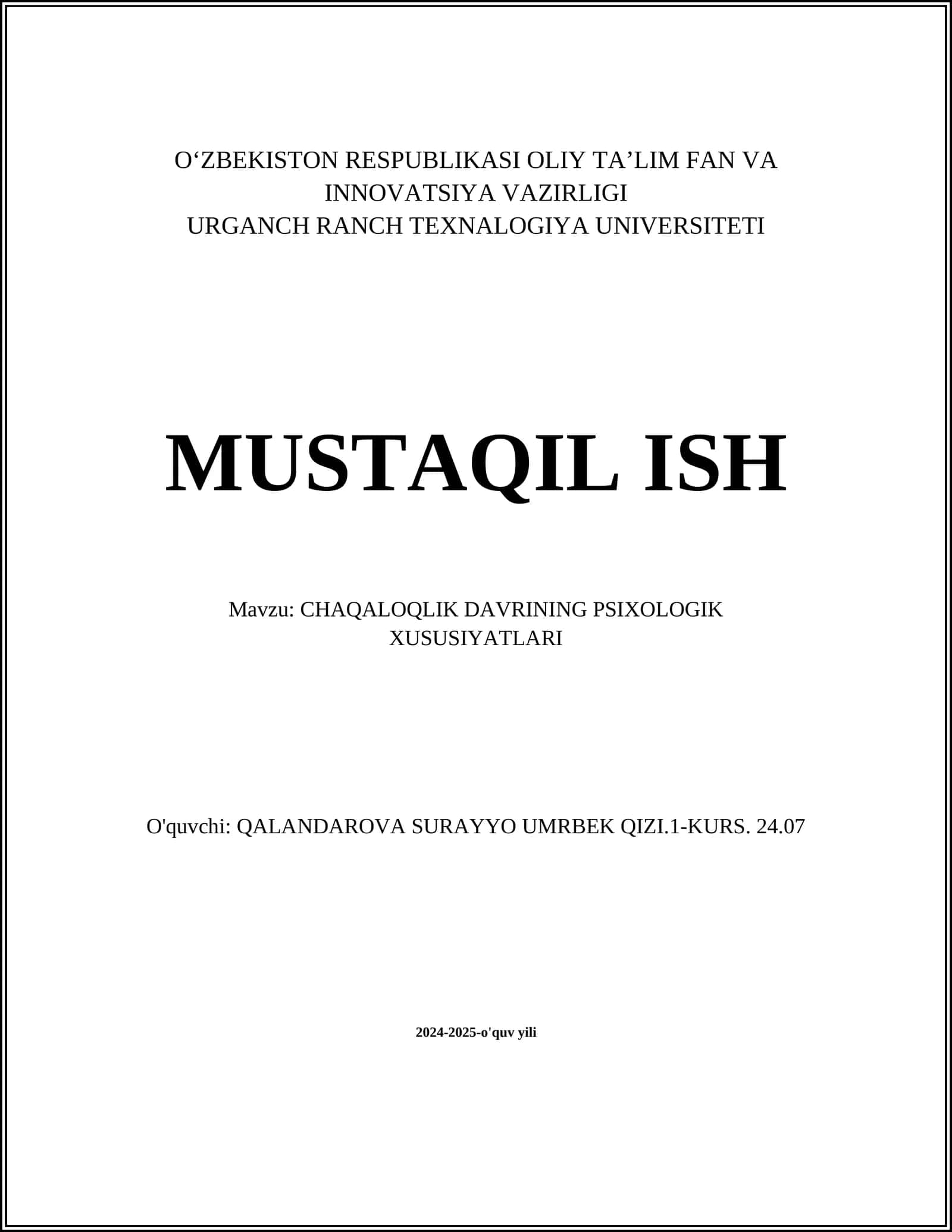 CHAQALOQLIK DAVRINING PSIXOLOGIK XUSUSIYATLARI 1