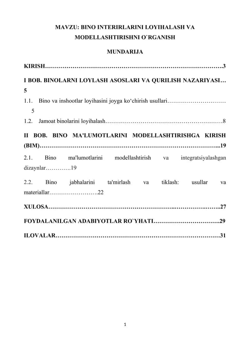 BINO INTERIRLARINI LOYIHALASH VA MODELLASHTIRISHNI O`RGANISH 1