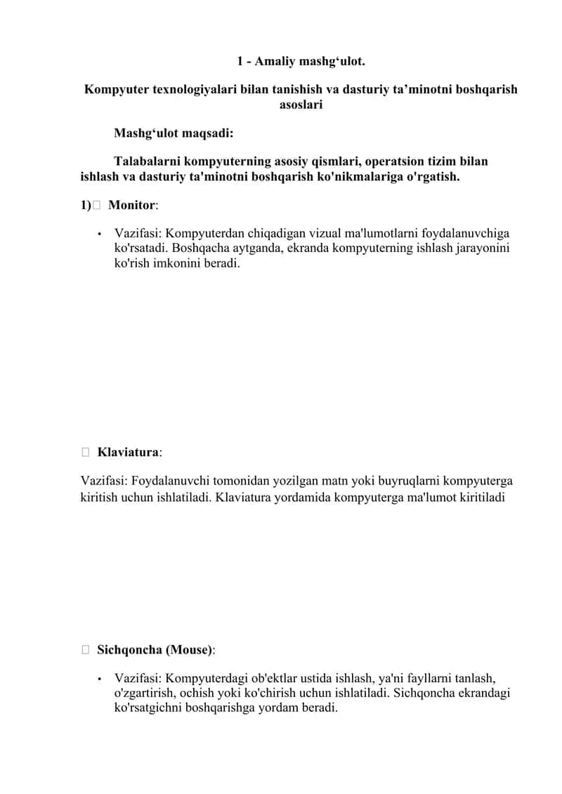 Kompyuter texnologiyalari bilan tanishish va dasturiy ta’minotni boshqarish asoslari 1