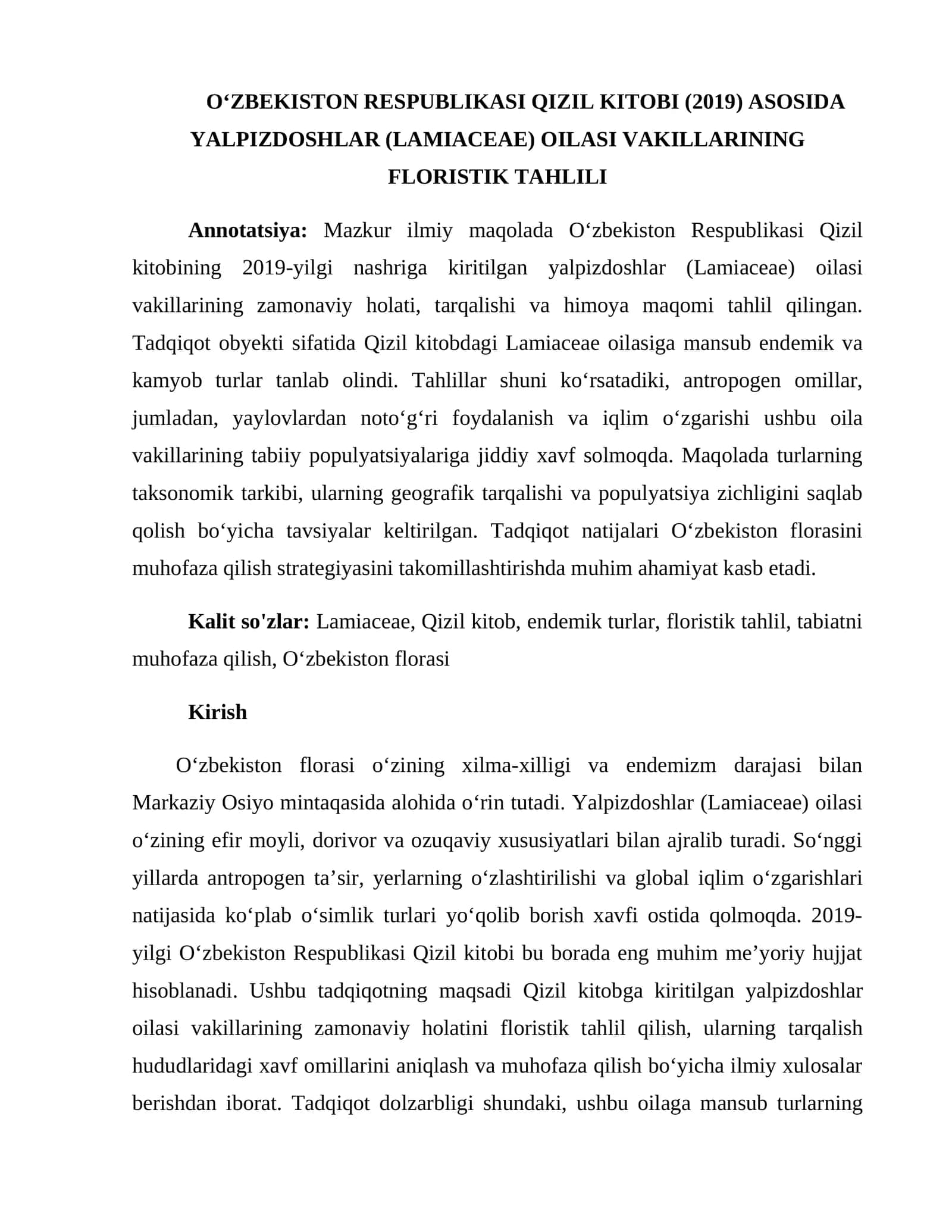 OʻZBEKISTON RESPUBLIKASI QIZIL KITOBI (2019) ASOSIDA YALPIZDOSHLAR (LAMIACEAE) OILASI VAKILLARINING FLORISTIK TAHLILI 1