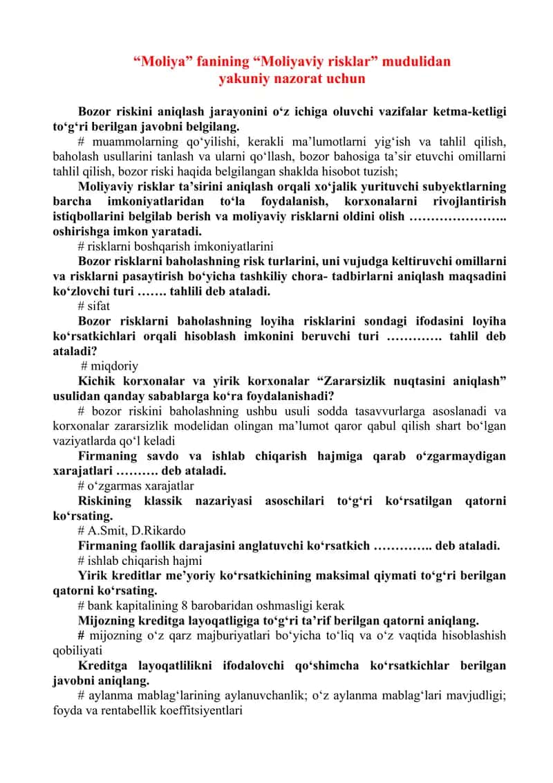 "Moliyaviy risklar" yakuniy nazorat uchun , javobi bilan 1