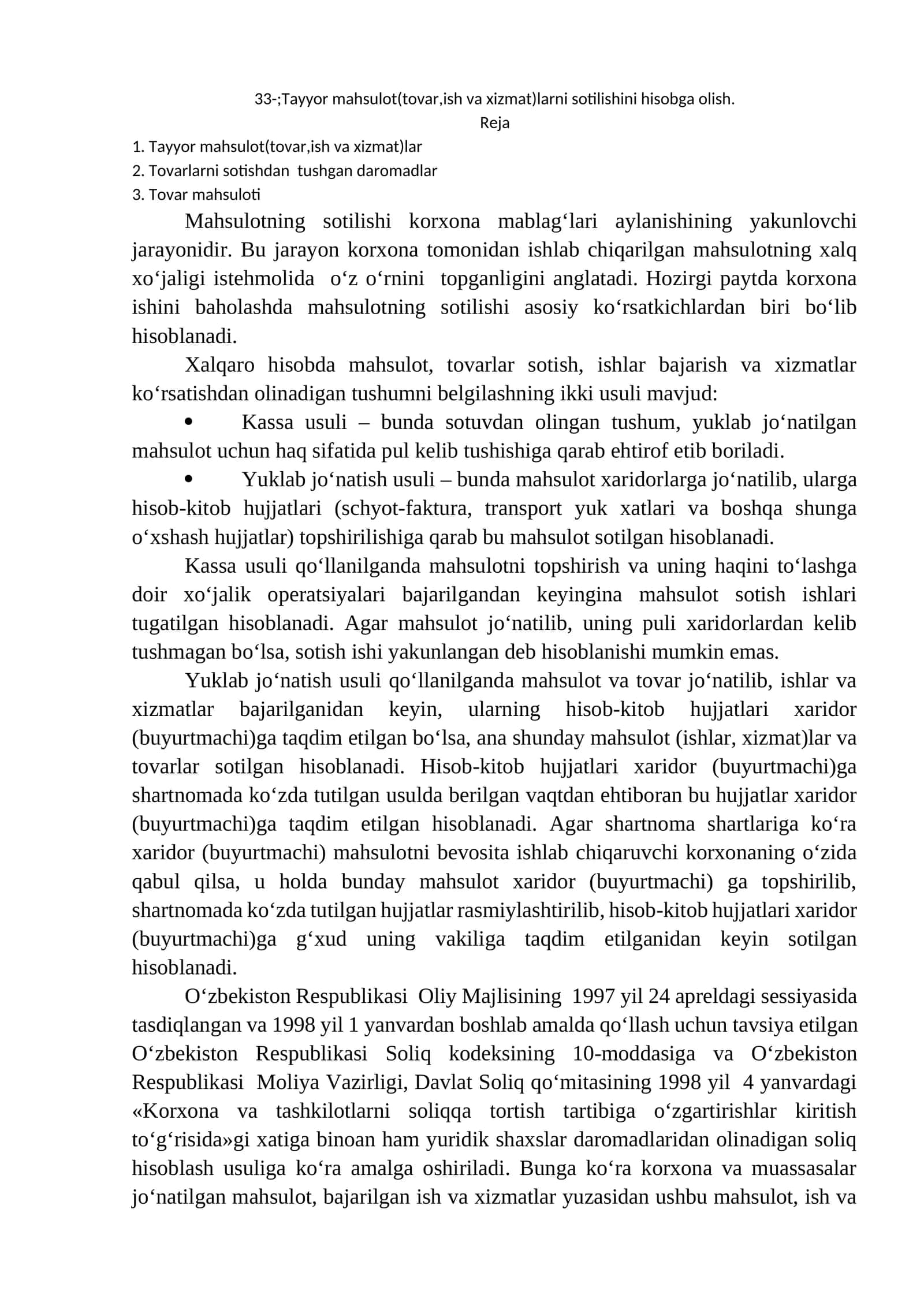 Tayyor mahsulot(tovar,ish va xizmat)larni sotilishini hisobga olish 1