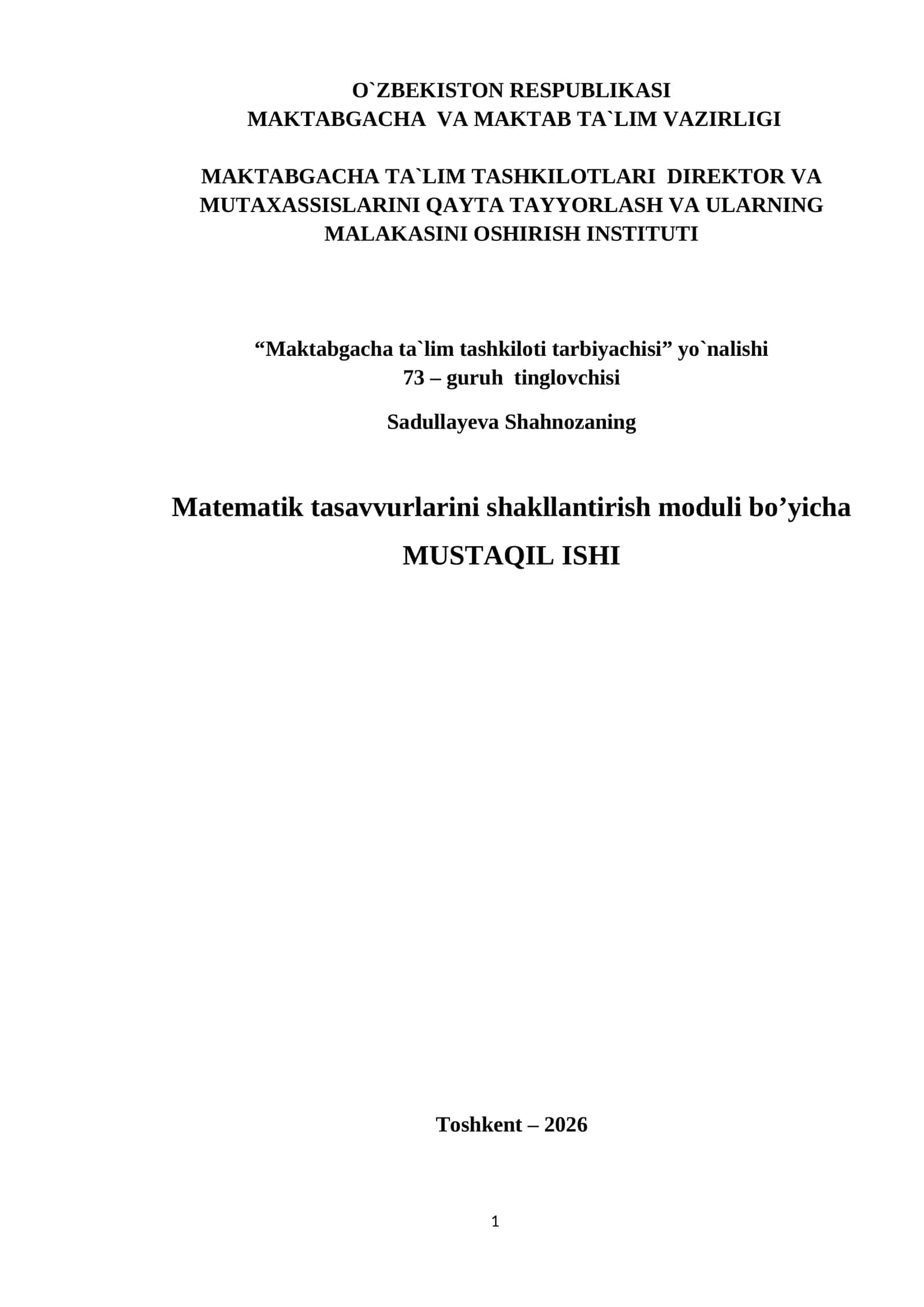 Matematik tasavvurlarini shakllantirish moduli bo’yicha 1