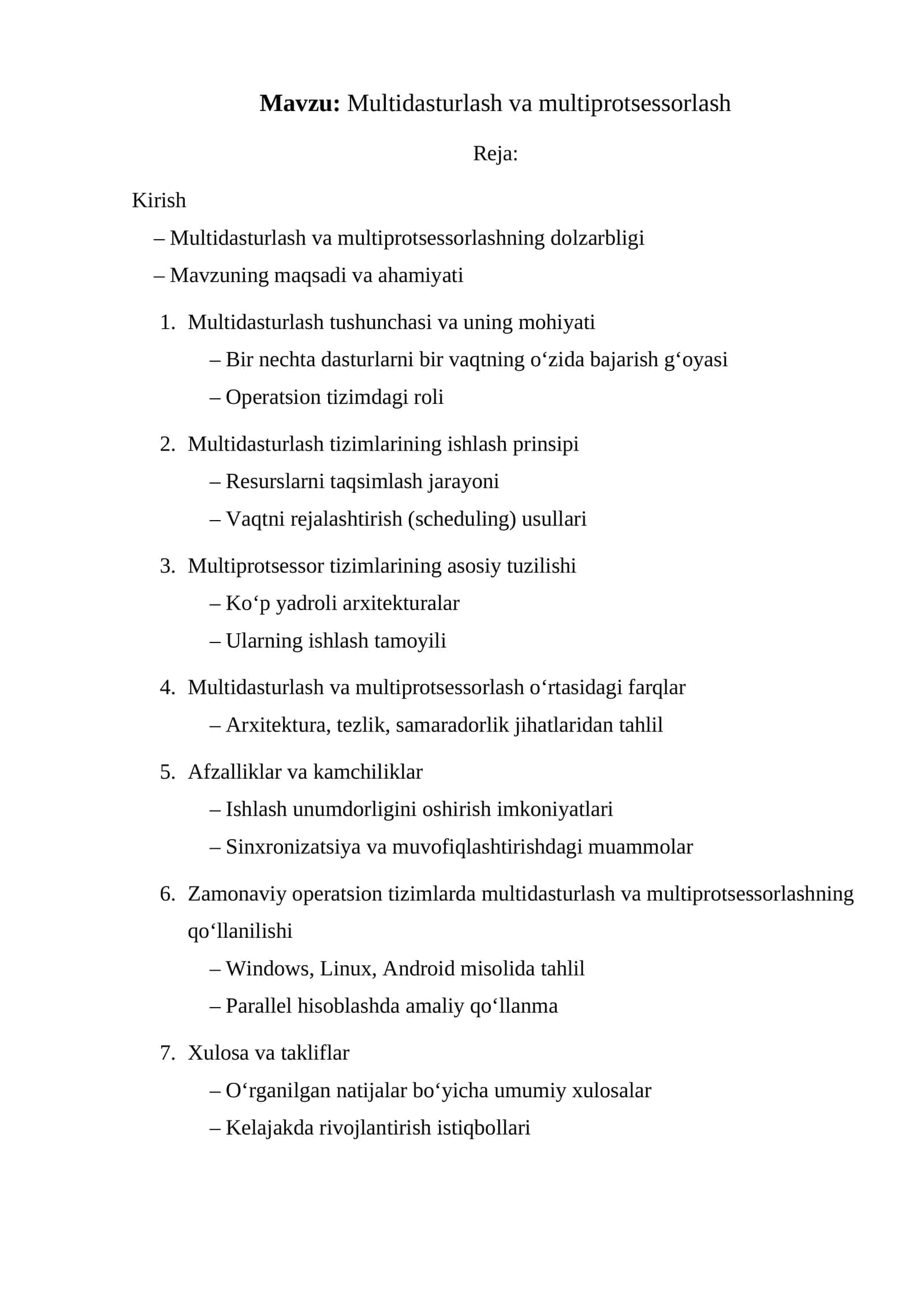 Multidasturlash va multiprotsessorlash 1