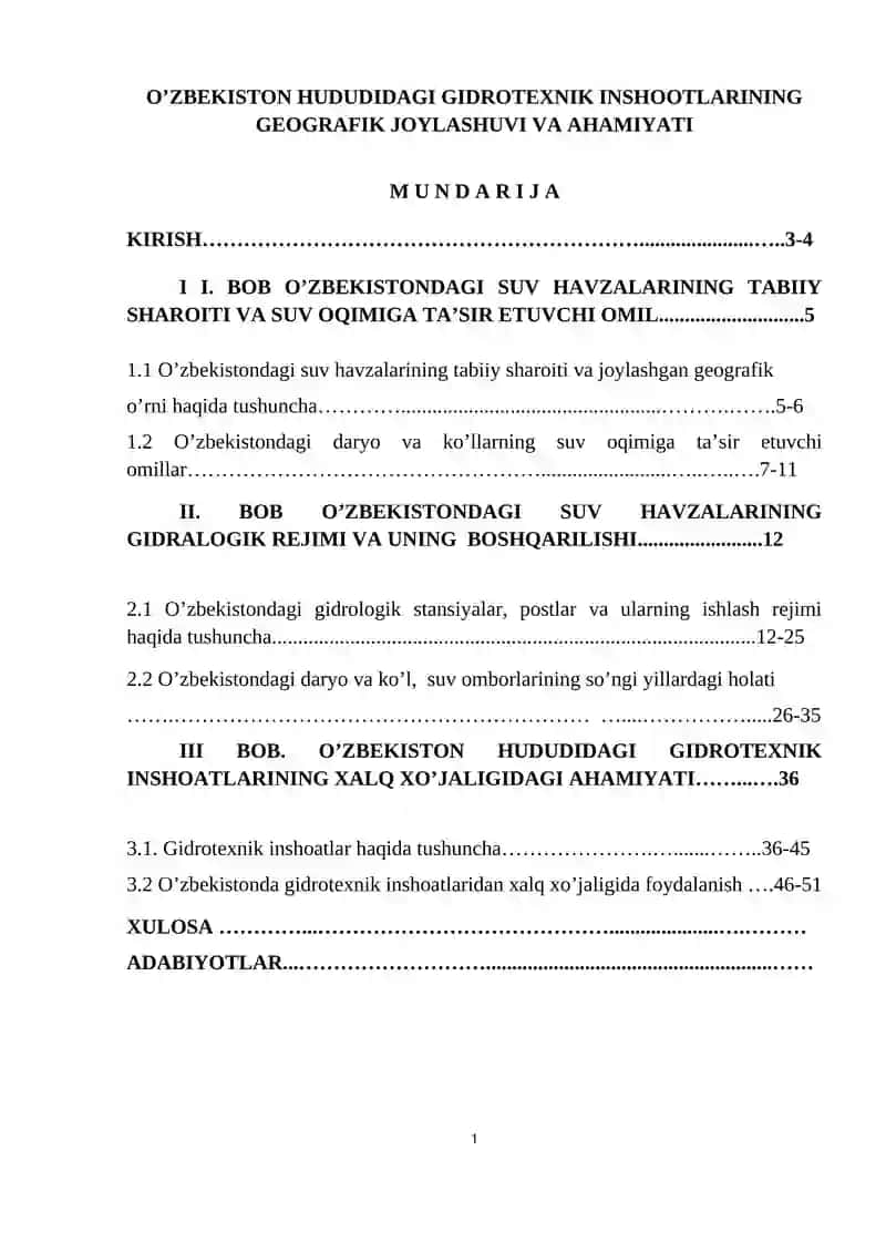O’ZBEKISTON HUDUDIDAGI GIDROTEXNIK INSHOOTLARINING GEOGRAFIK JOYLASHUVI VA AHAMIYATI