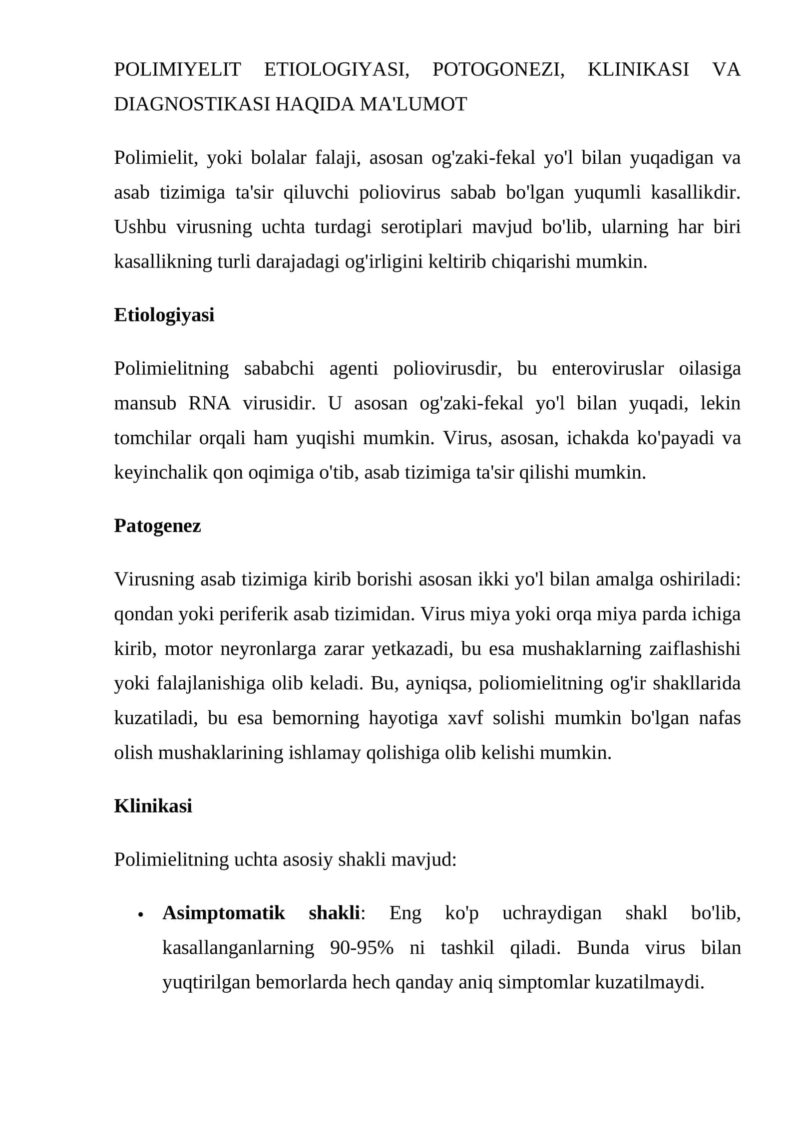 POLIMIYELIT ETIOLOGIYASI, POTOGONEZI, KLINIKASI VA DIAGNOSTIKASI HAQIDA MA'LUMOT 1