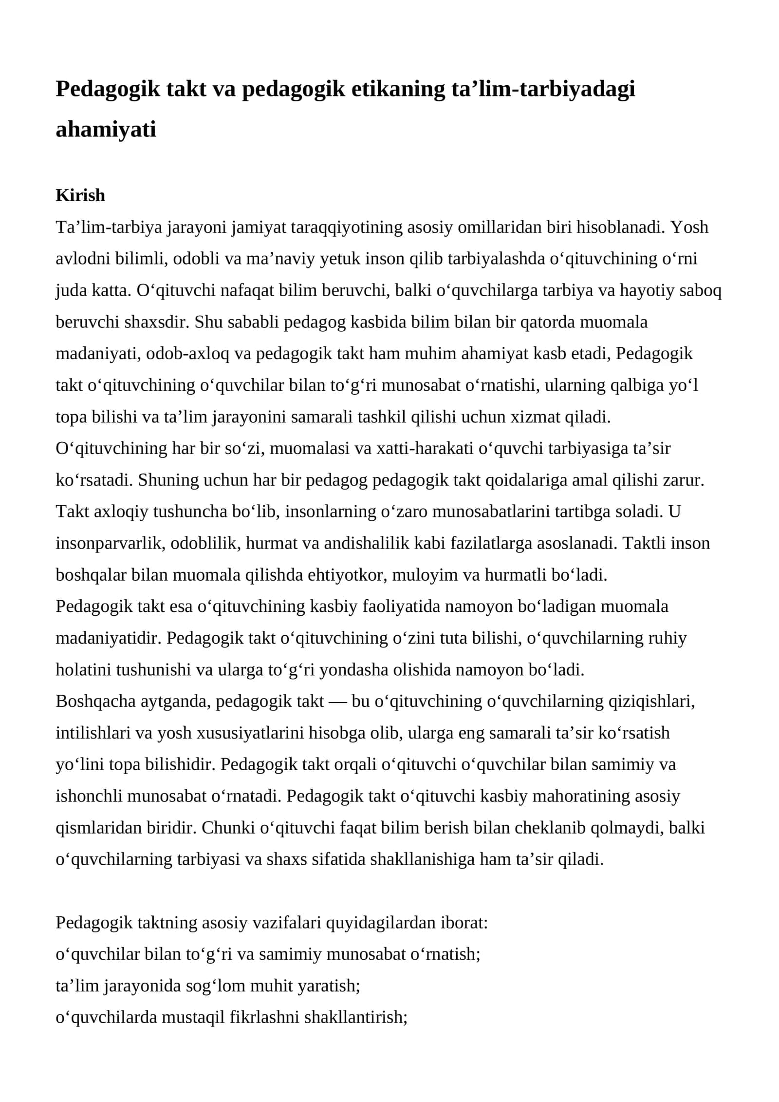 Pedagogik takt va pedagogik etikaning ta’lim-tarbiyadagi ahamiyati 1