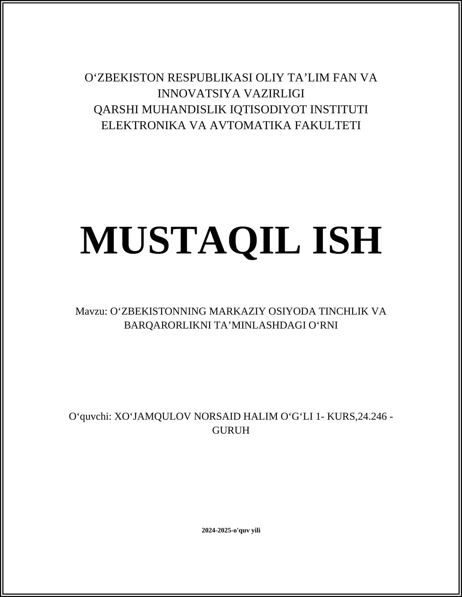 OʻZBEKISTONNING MARKAZIY OSIYODA TINCHLIK VA BARQARORLIKNI TAʼMINLASHDAGI OʻRNI 1