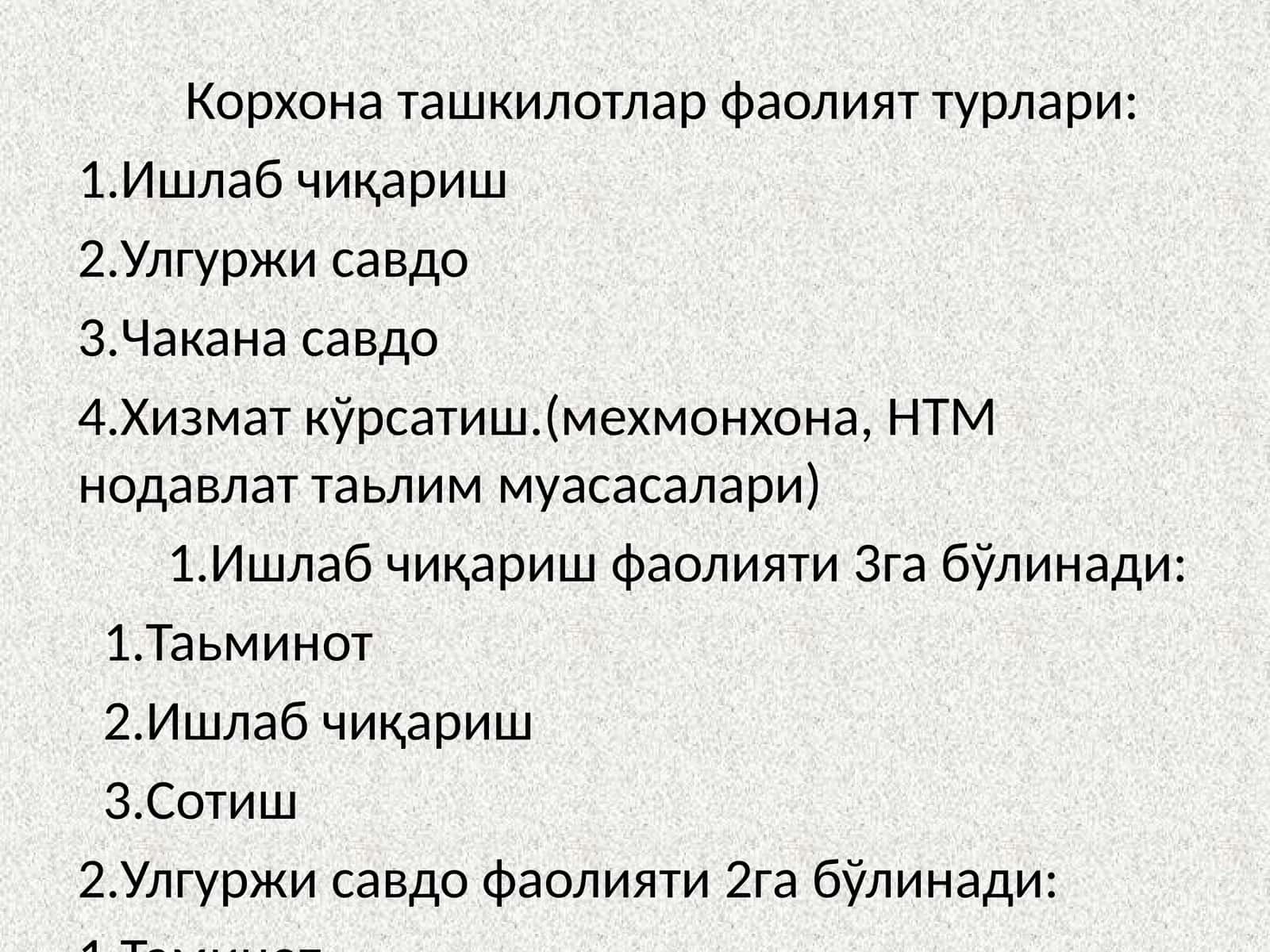 Корхона ташкилотлар фаолият турлари 1
