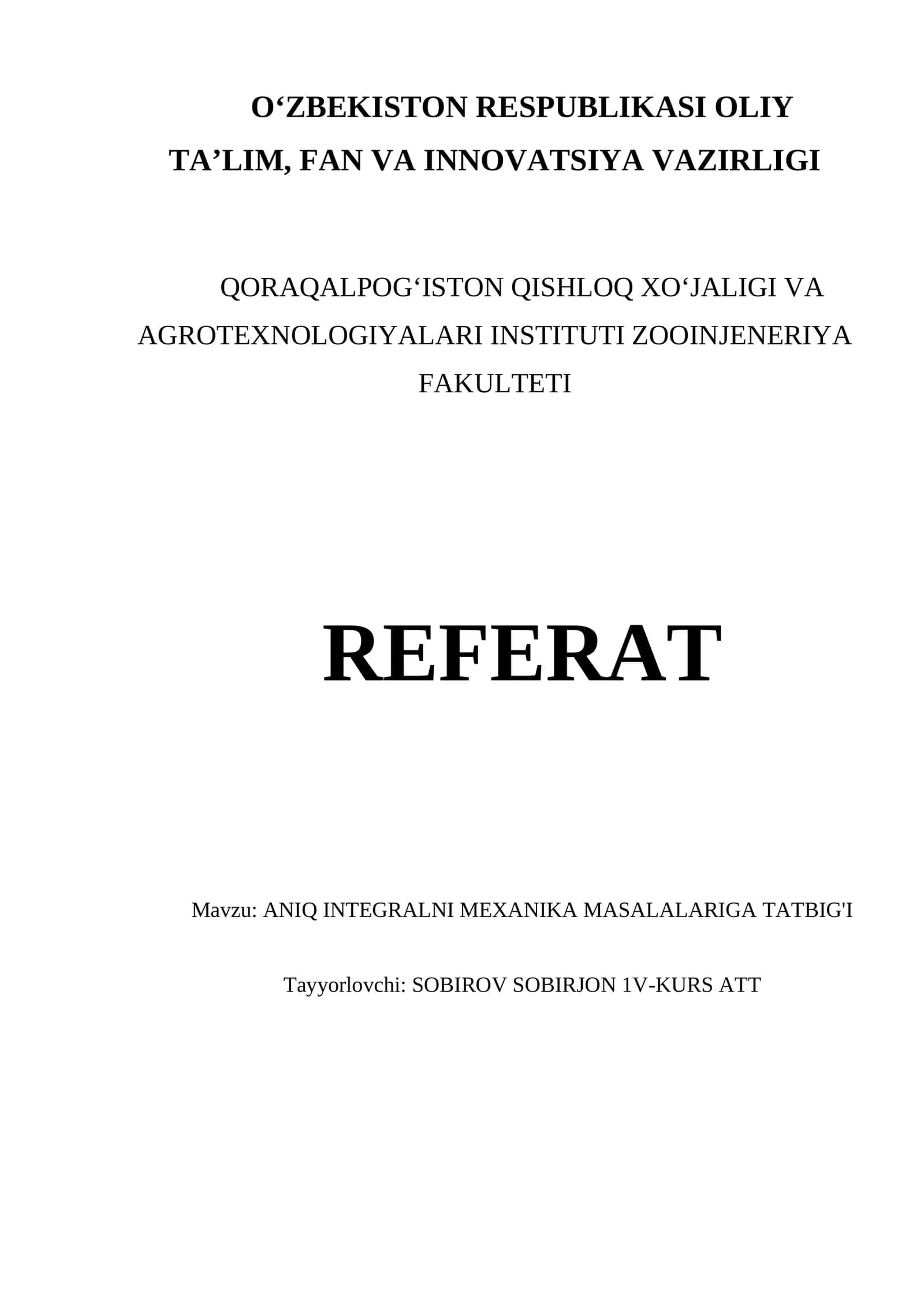 ANIQ INTEGRALNI MEXANIKA MASALALARIGA TATBIG'I 1