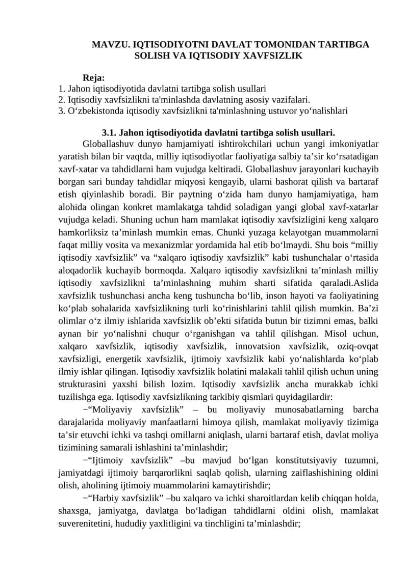IQTISODIYOTNI DAVLAT TOMONIDAN TARTIBGA SOLISH VA IQTISODIY XAVFSIZLIK 1