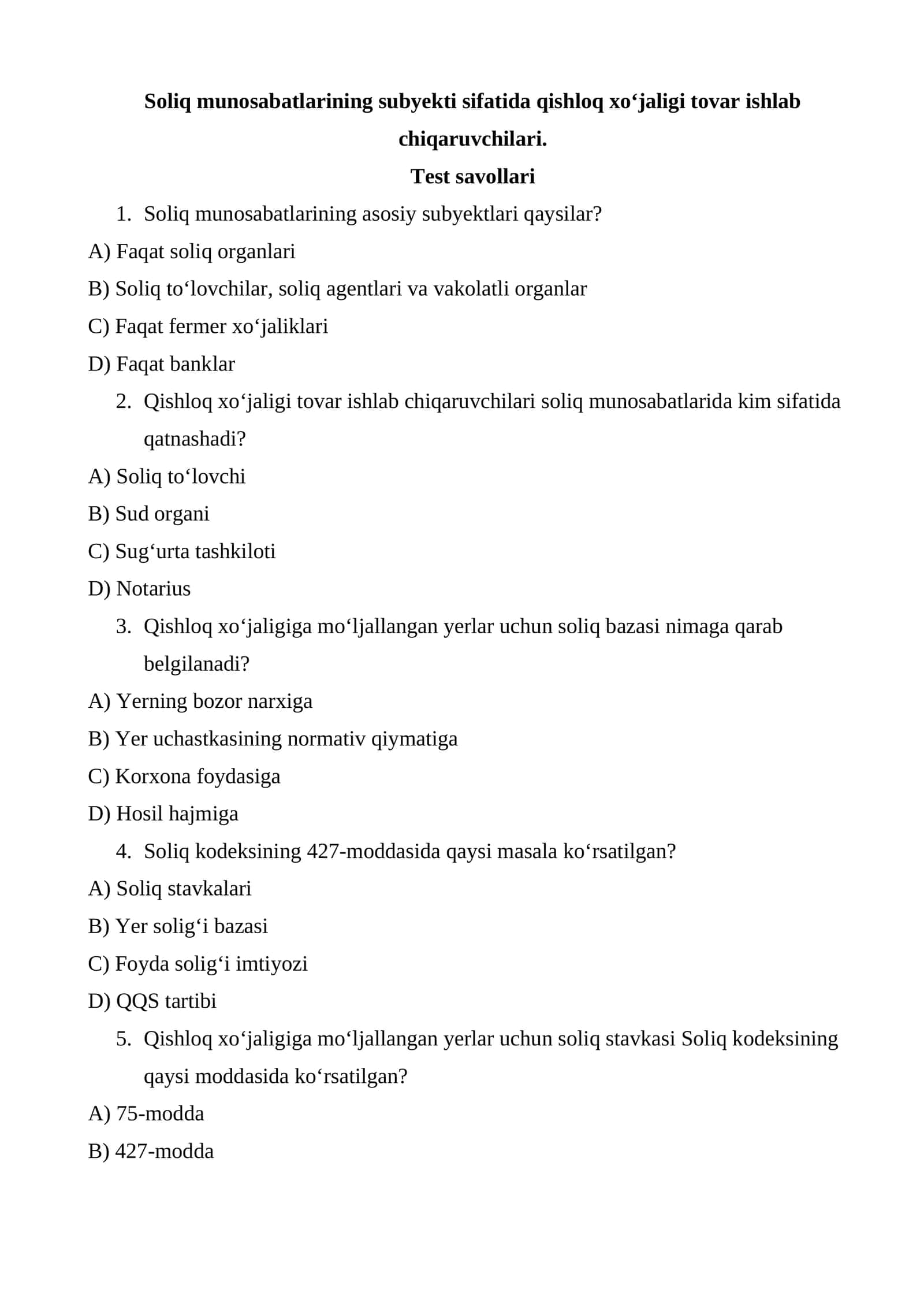 Soliq munosabatlarining subyekti sifatida qishloq xо‘jaligi tovar ishlab chiqaruvchilari 1