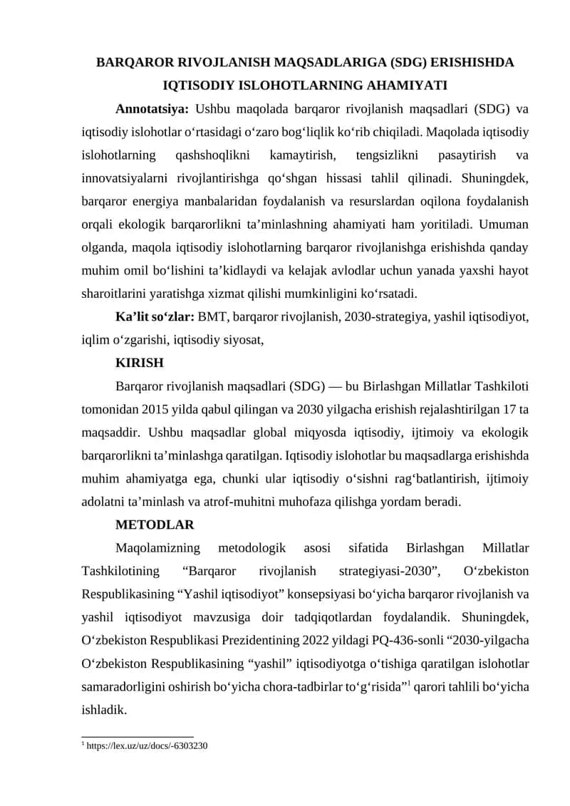 Barqaror Rivojlanish Maqsadlari (SDG) Erishishda Iqtisodiy Islohotlarning Ahamiyati 1