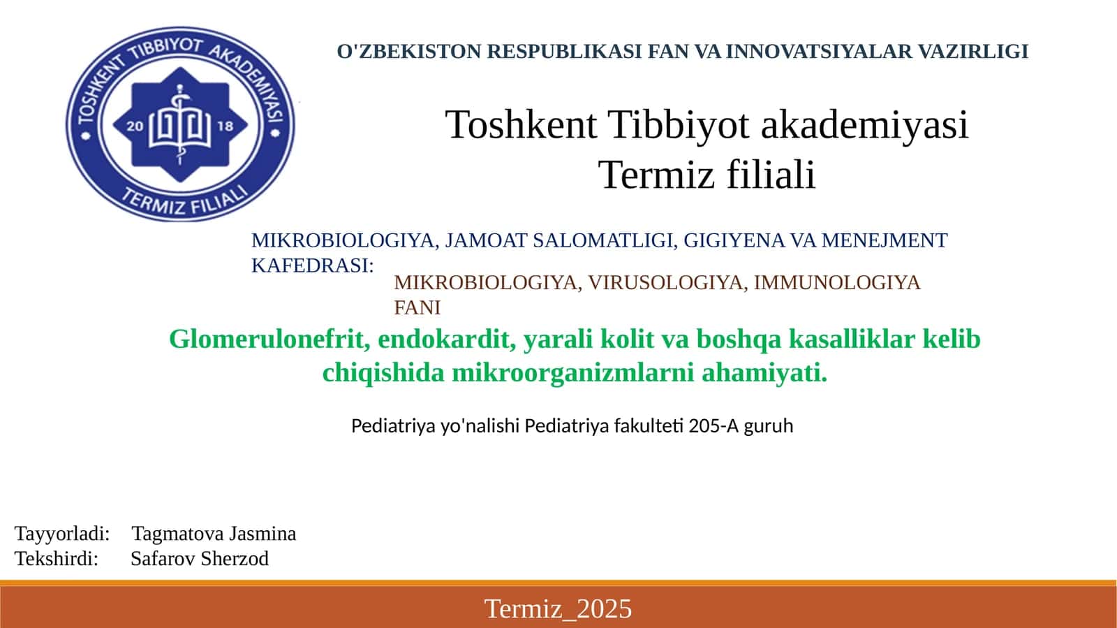 MIKROBIOLOGIYA, JAMOAT SALOMATLIGI, GIGIYENA VA MENEJMENT KAFEDRASI 1