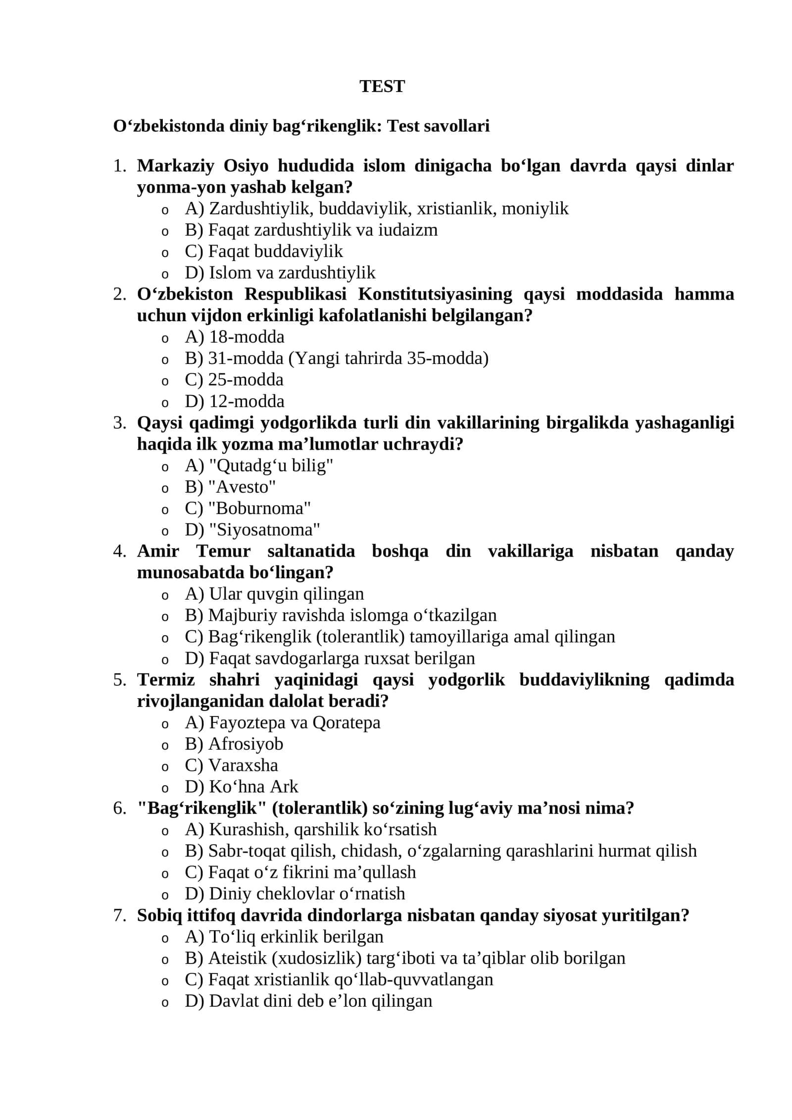 O‘zbekistonda diniy bag‘rikenglik: Test savollari 1