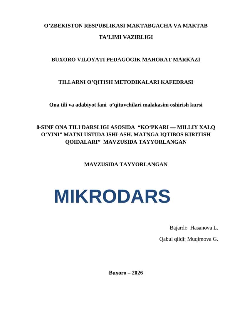 8-SINF ONA TILI DARSLIGI ASOSIDA  “KO‘PKARI — MILLIY XALQ O‘YINI” MATNI USTIDA ISHLASH. MATNGA IQT 1