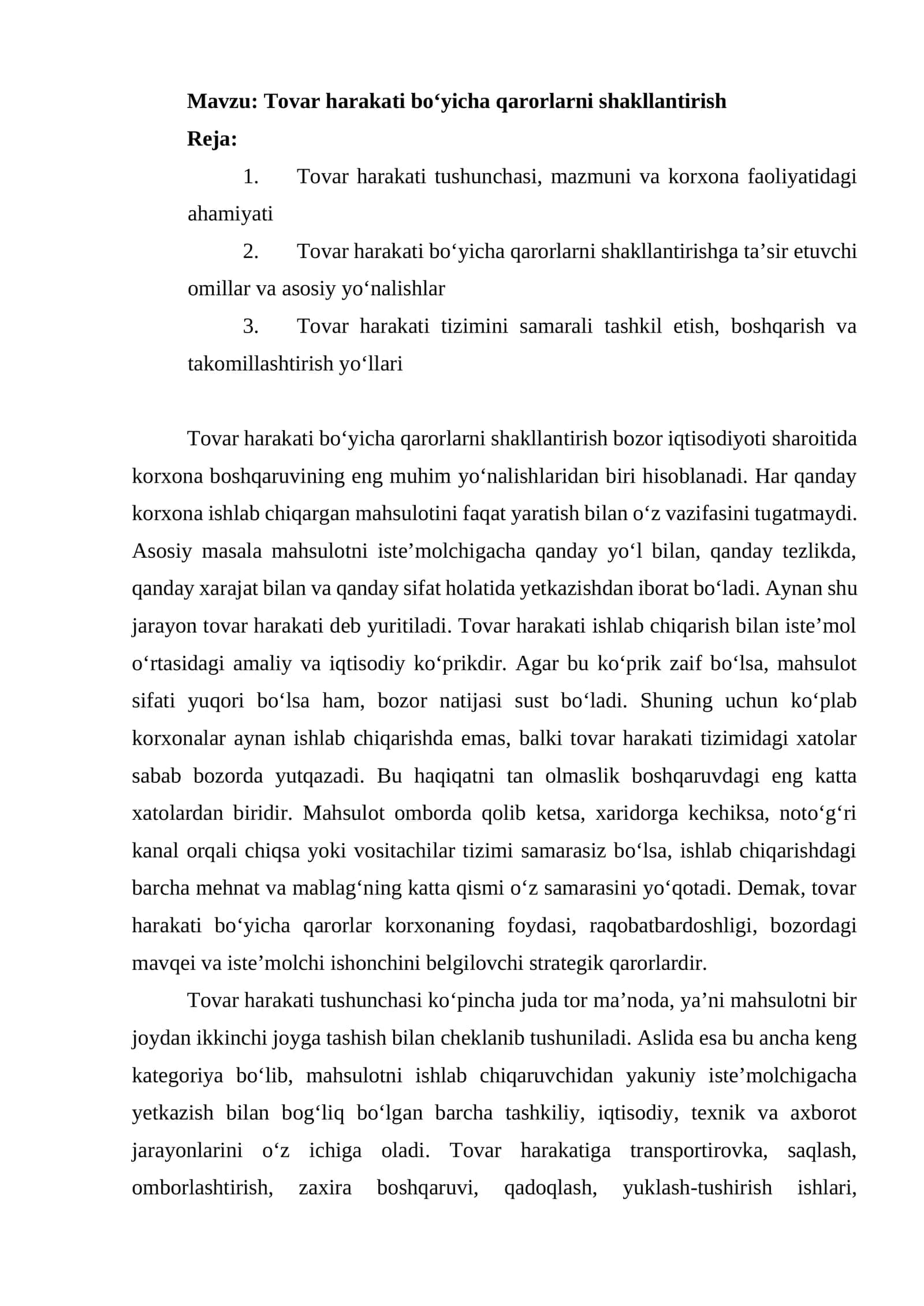 Tovar harakati bo‘yicha qarorlarni shakllantirish 1