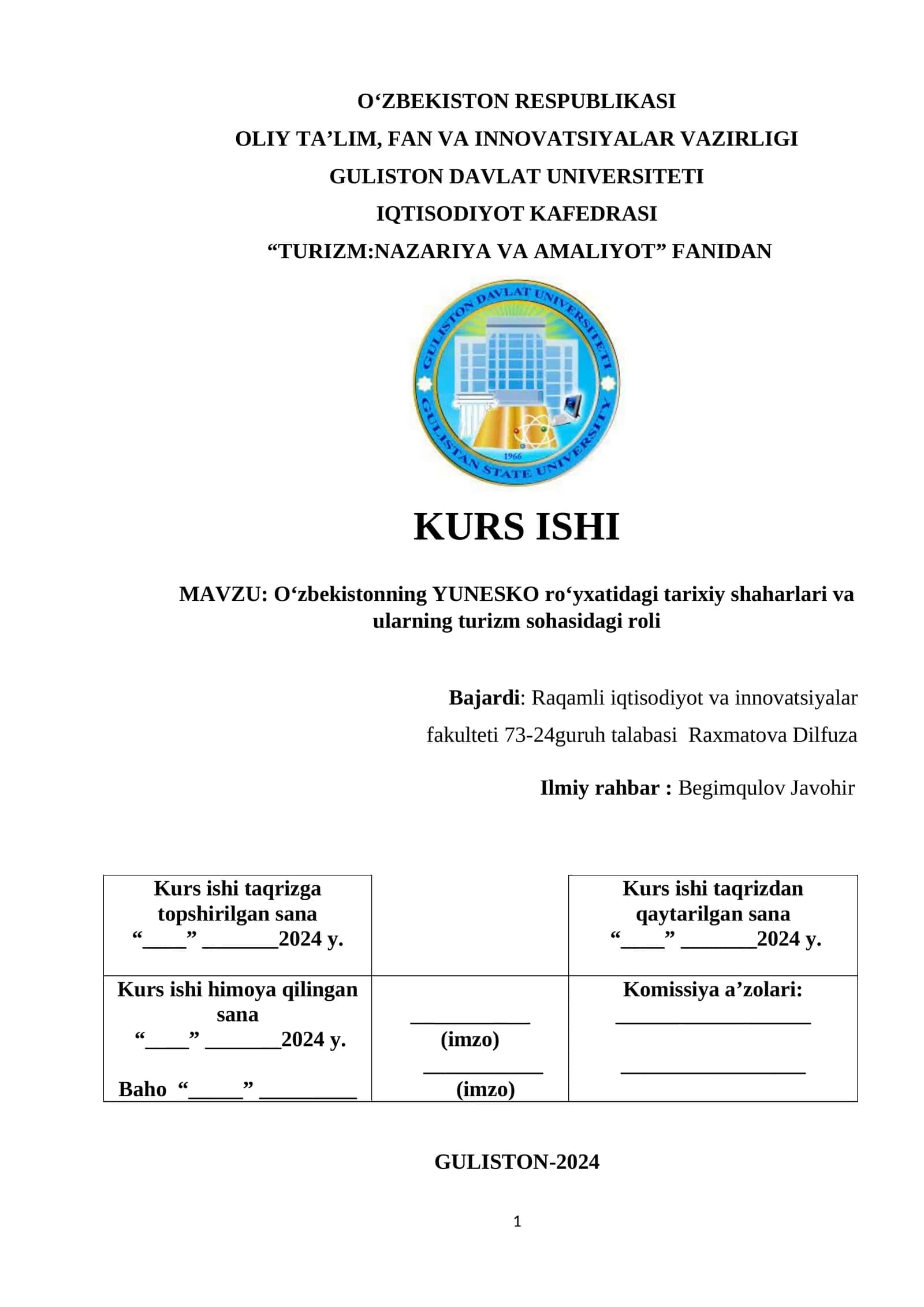O‘zbekistonning YUNESKO ro‘yxatidagi tarixiy shaharlari va ularning turizm sohasidagi roli 1