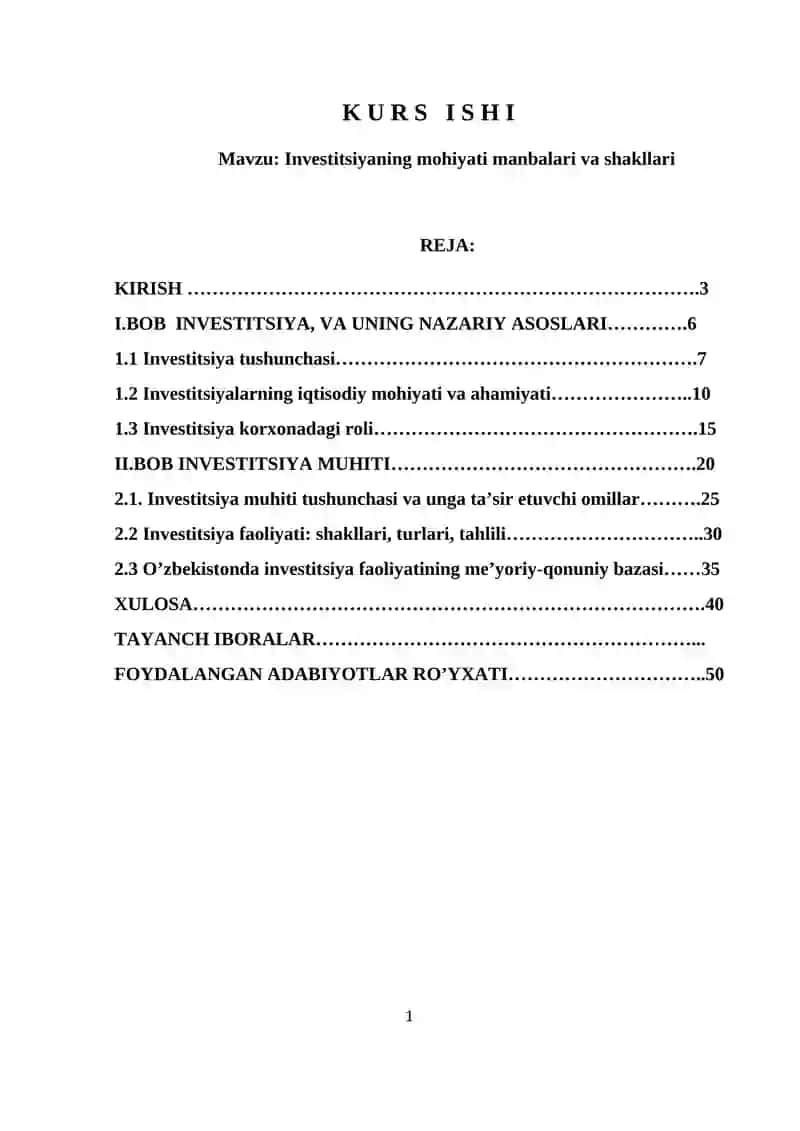Investitsiyaning mohiyati manbalari va shakllari