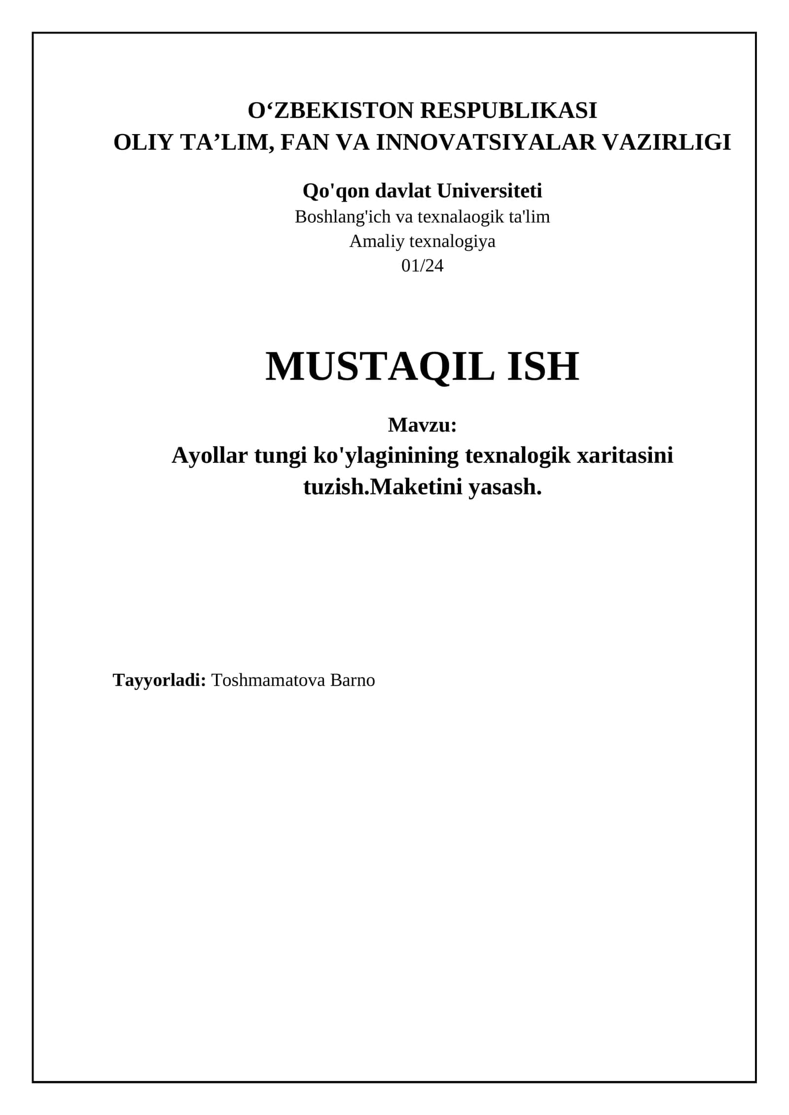 Ayollar tungi ko'ylagi texnologik xaritasi va maketi 1