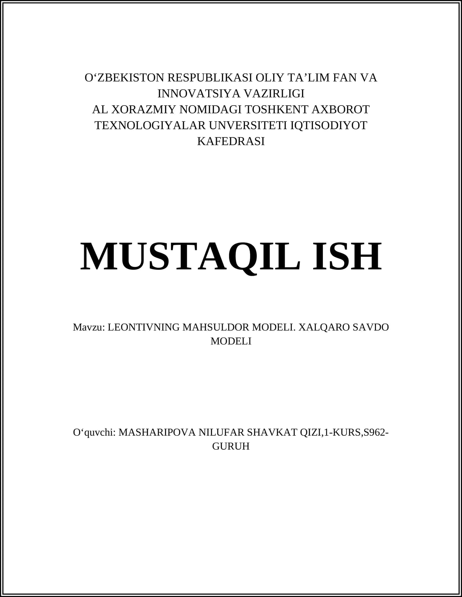 LEONTIVNING MAHSULDOR MODELI. XALQARO SAVDO MODELI 1